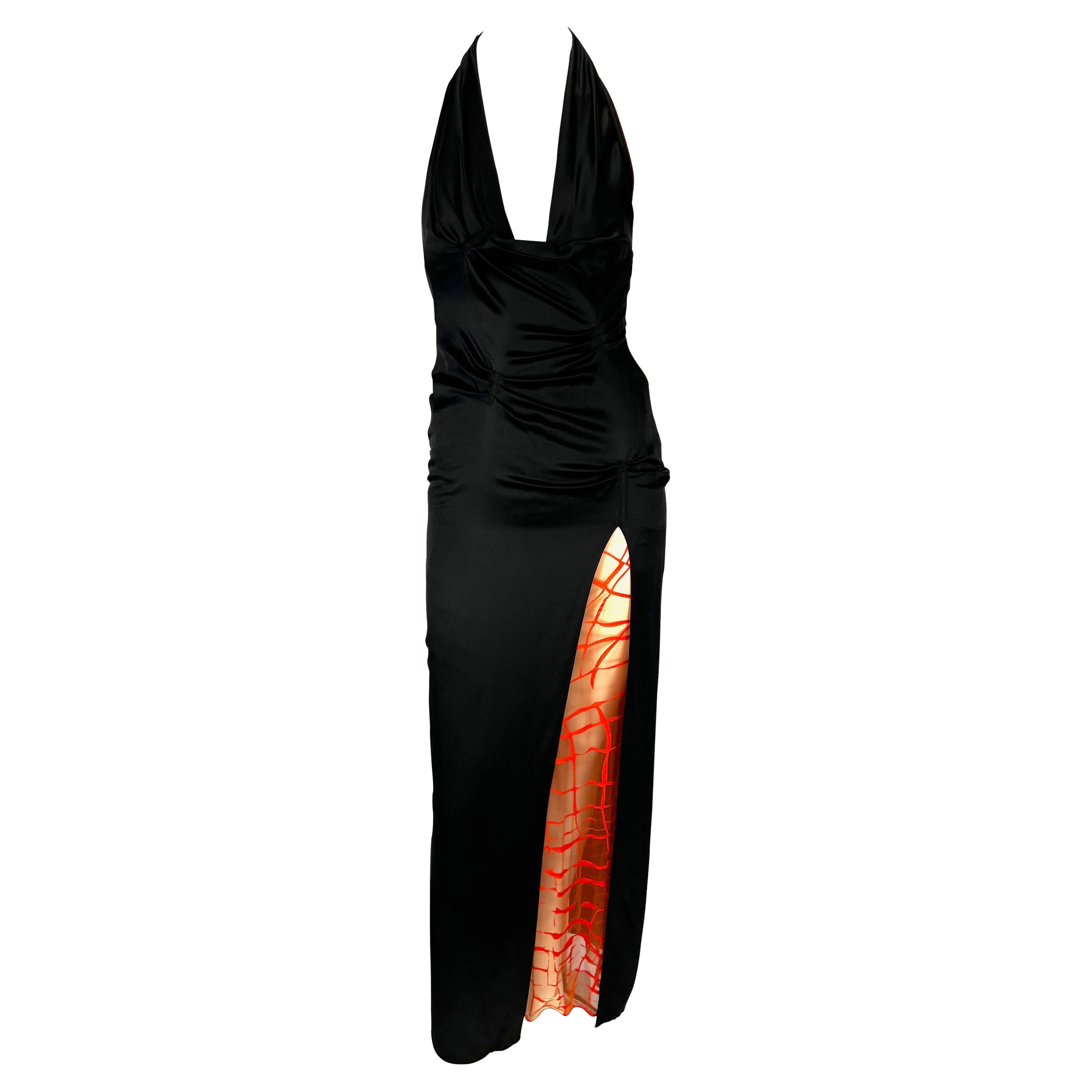 S/S 1999 Gianni Versace by Donatella Ruched Black High-Slit Coral Mesh Dress For Sale