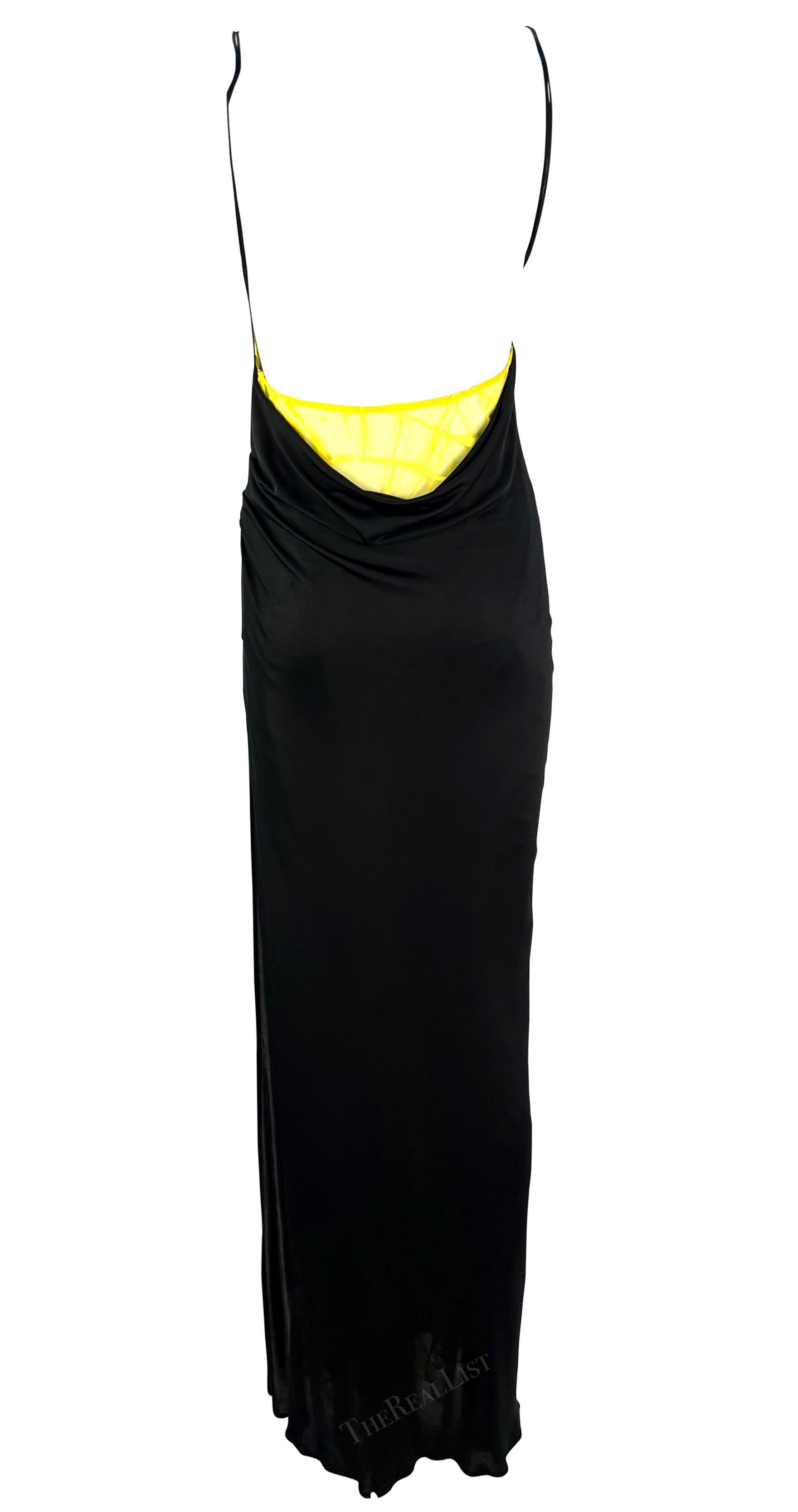 S/S 1999 Gianni Versace by Donatella Ruched Black High-Slit Yellow Mesh Gown In Excellent Condition For Sale In West Hollywood, CA