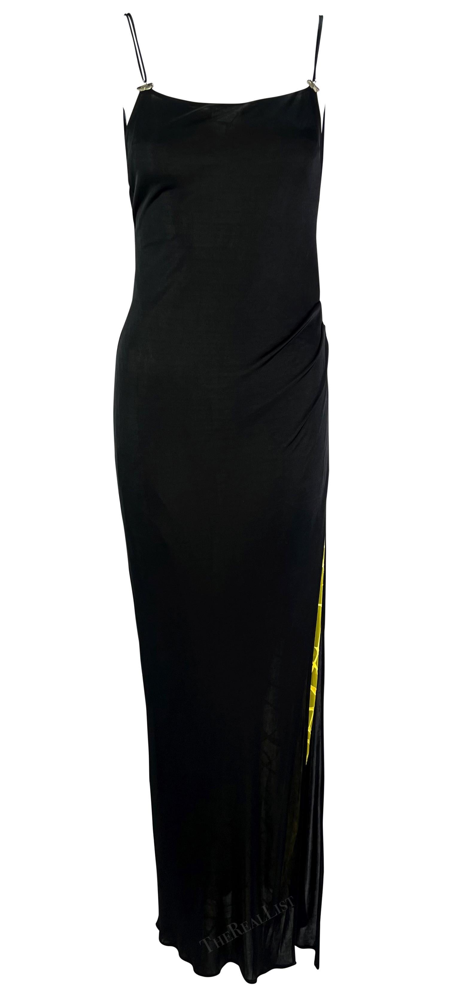 S/S 1999 Gianni Versace by Donatella Ruched Black High-Slit Yellow Mesh Gown For Sale 3