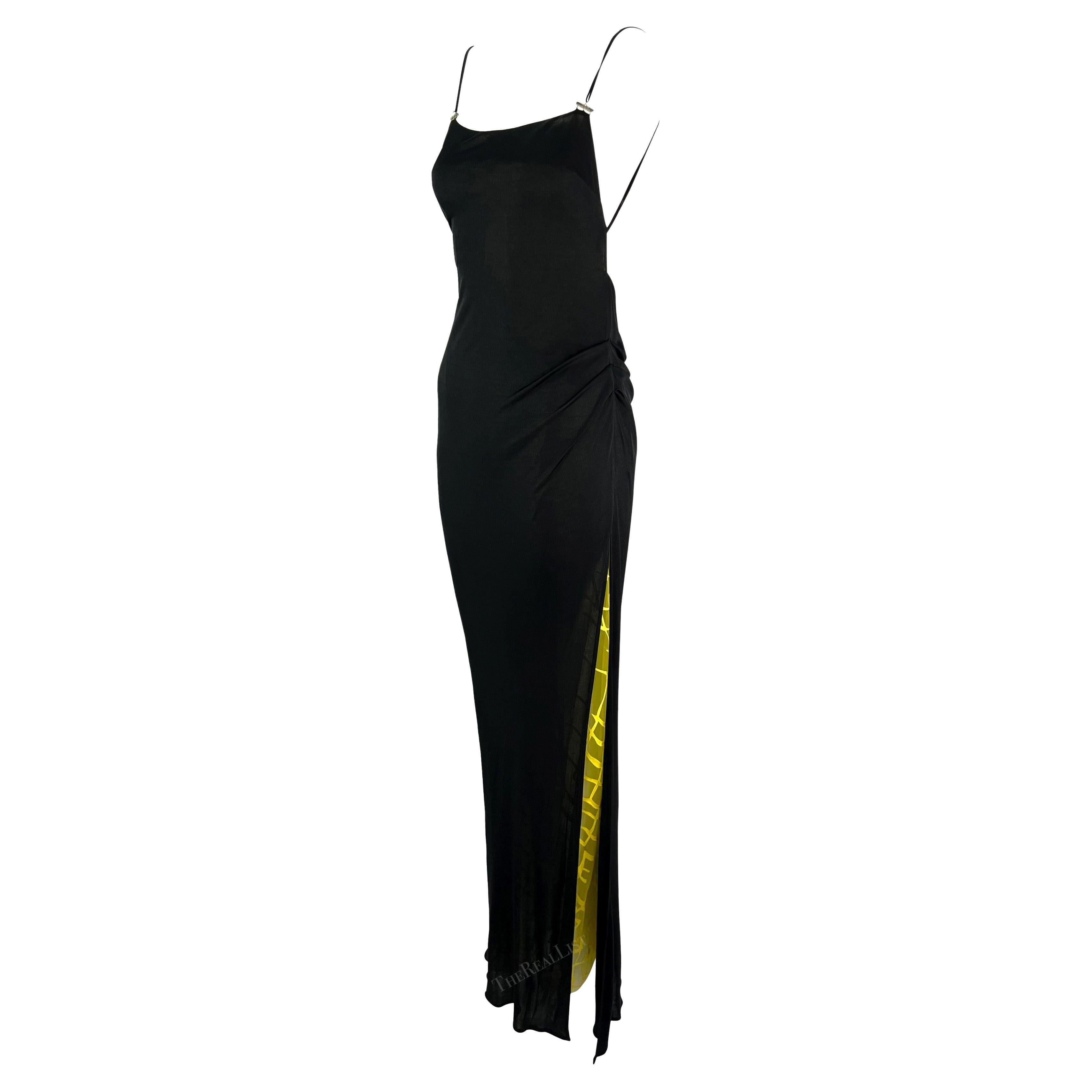 S/S 1999 Gianni Versace by Donatella Ruched Black High-Slit Yellow Mesh Gown For Sale