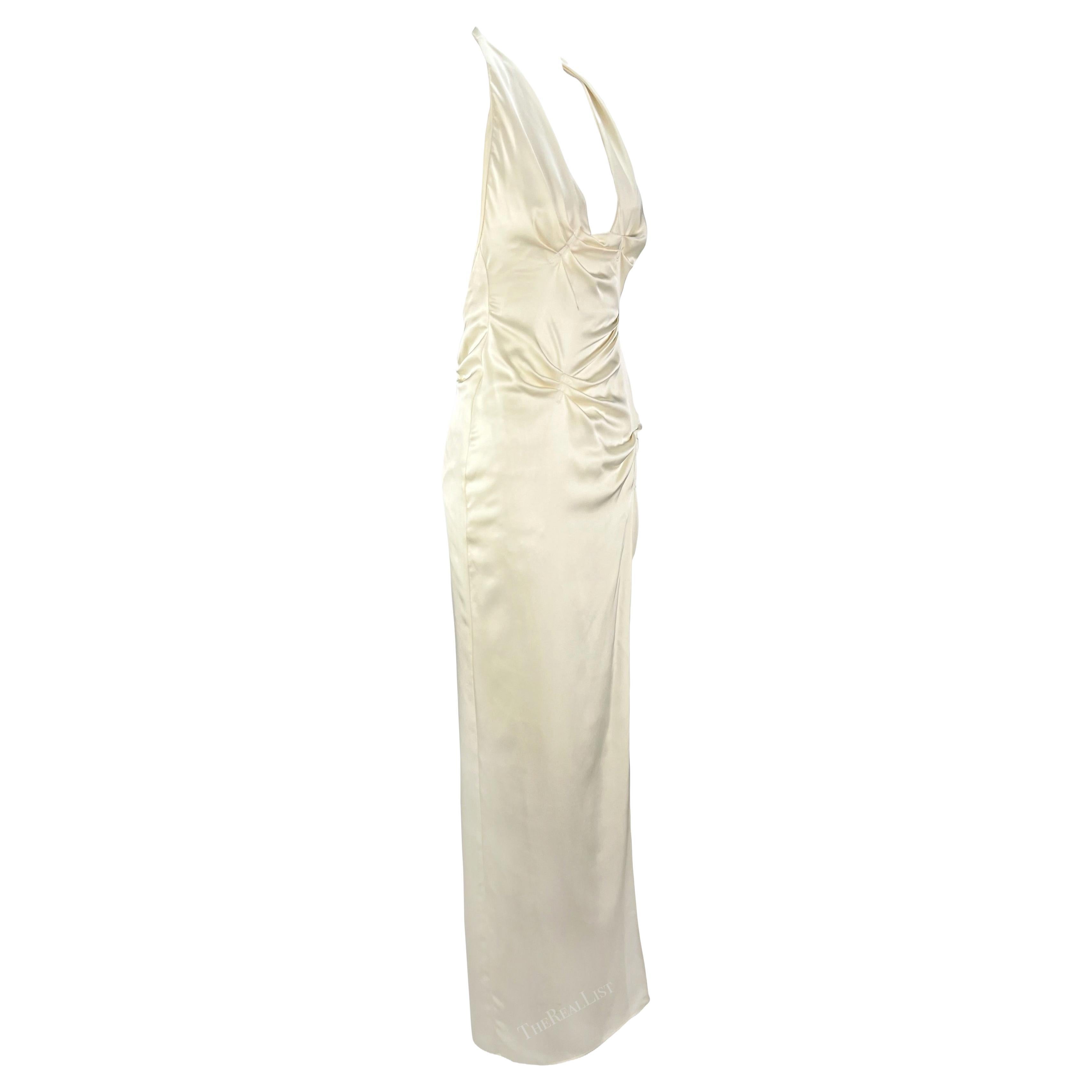 S/S 1999 Gianni Versace by Donatella Ruched Off-White High-Slit Backless Gown 6