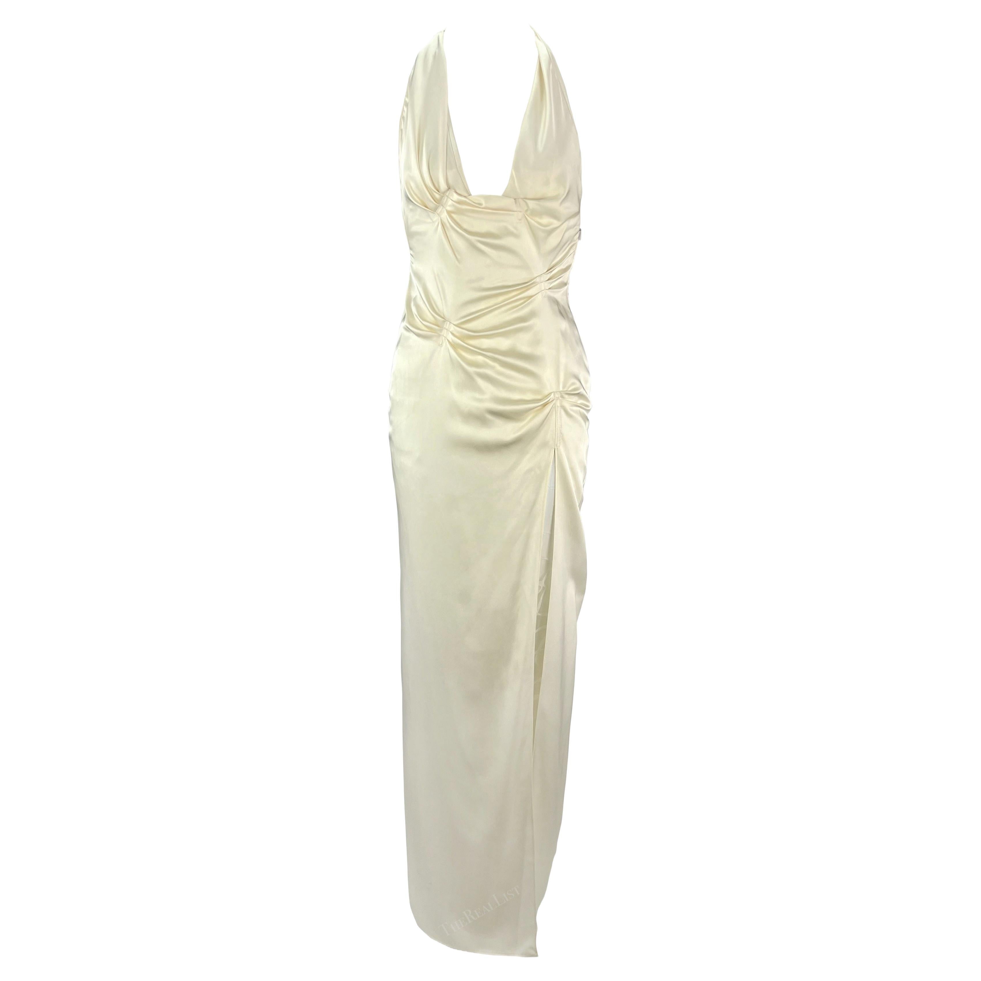 S/S 1999 Gianni Versace by Donatella Ruched Off-White High-Slit Backless Gown