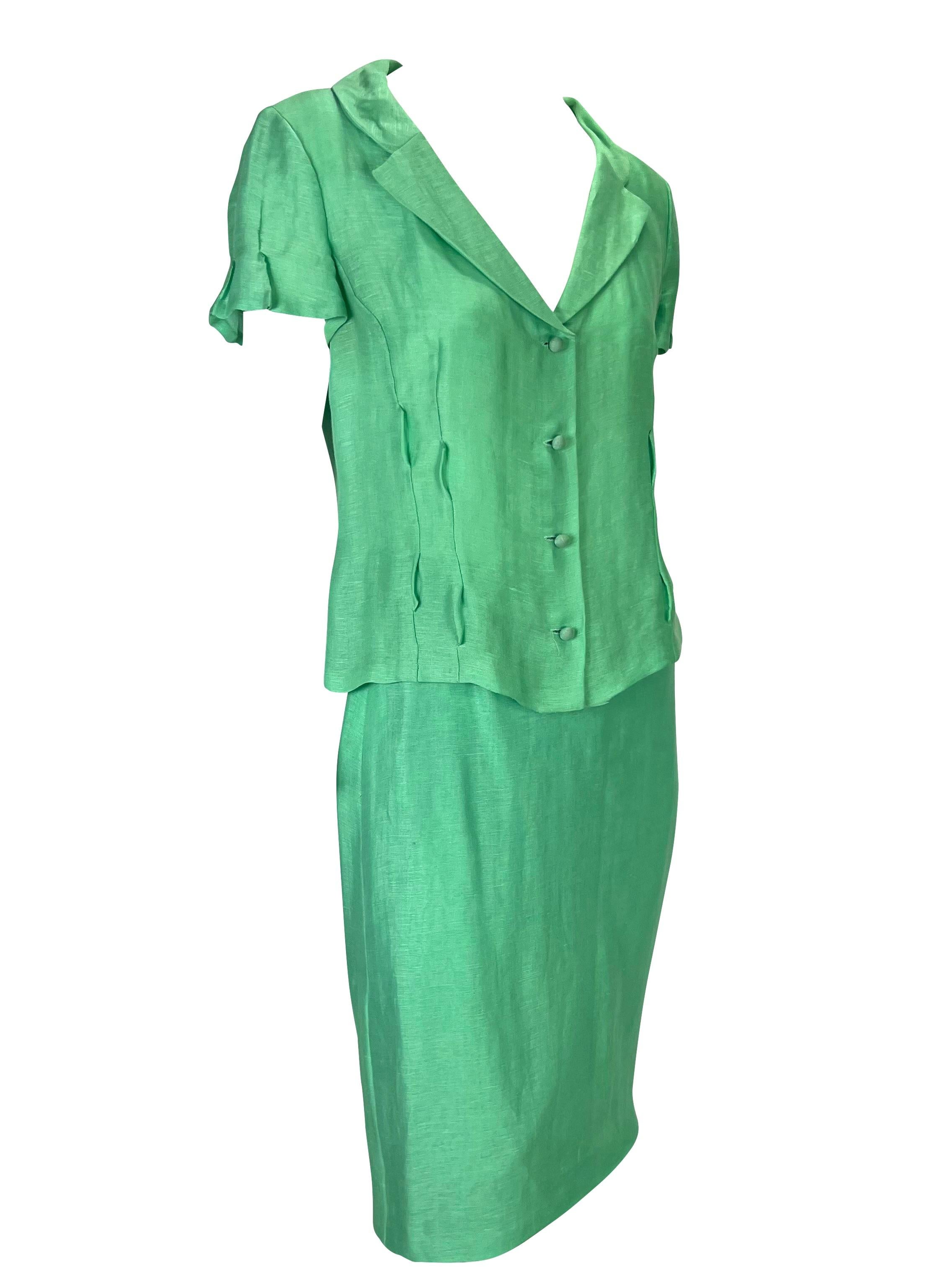 S/S 1999 Gianni Versace by Donatella Runway Ad Seafoam Green Linen Silk Suit For Sale 2