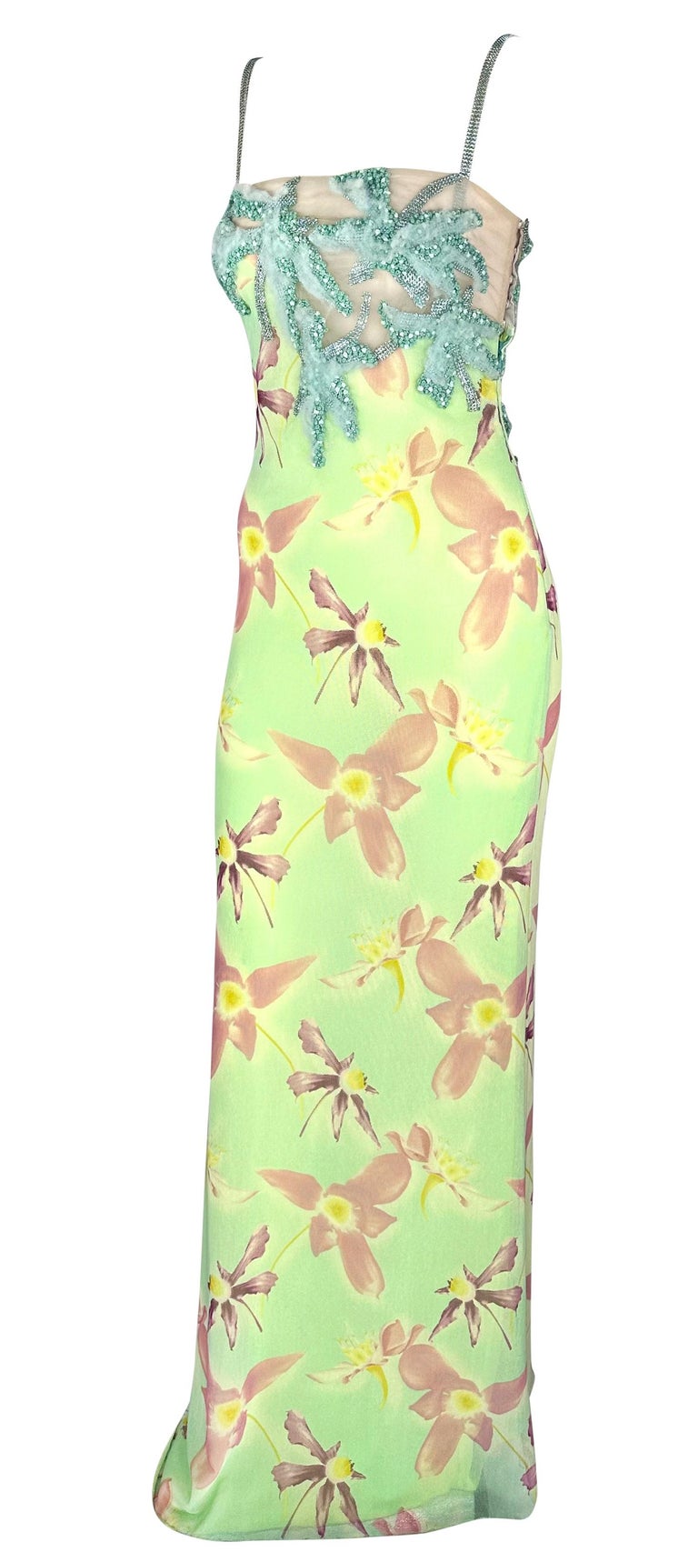 S/S 1999 Gianni Versace by Donatella Runway Sheer Floral Metal Oroton Gown  at 1stDibs
