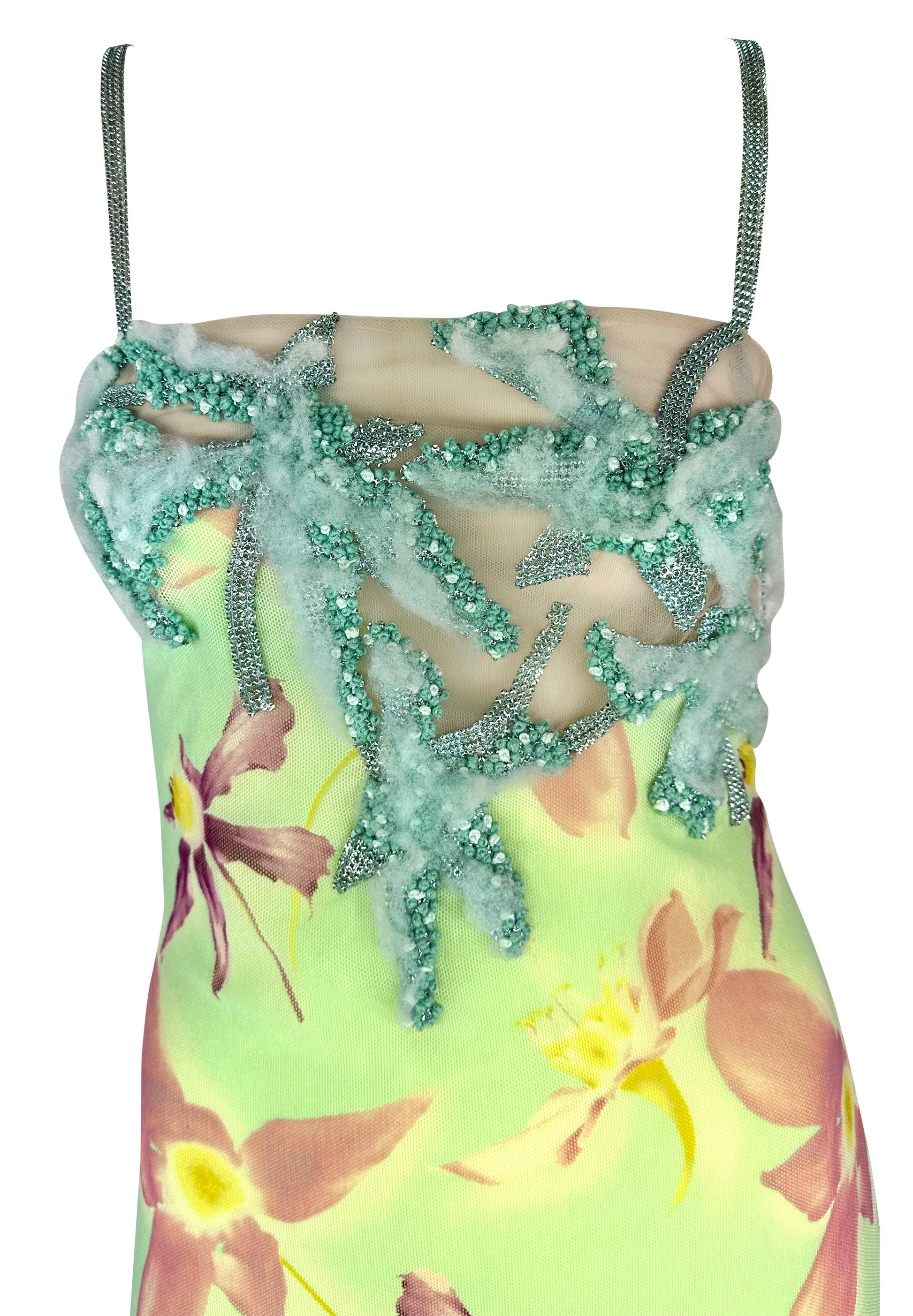 Green S/S 1999 Gianni Versace by Donatella Runway Sheer Floral Metal Oroton Gown