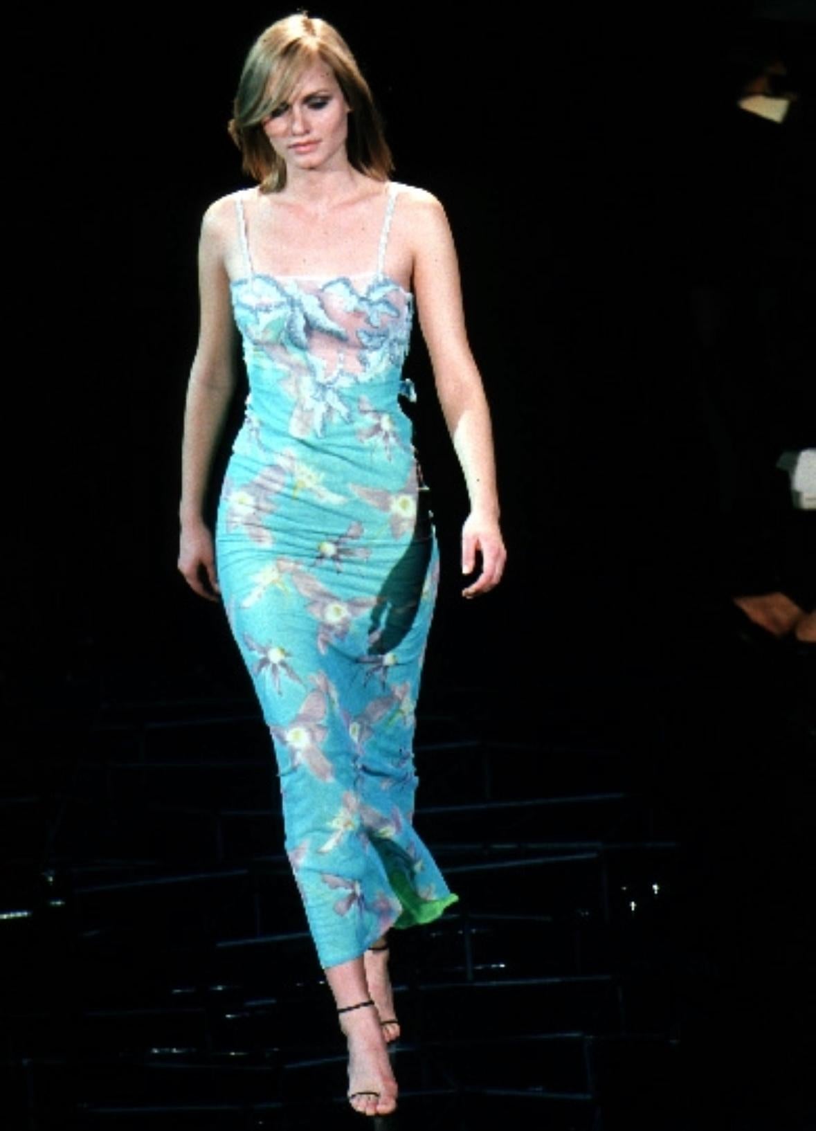 S/S 1999 Gianni Versace by Donatella Runway Sheer Floral Metal Oroton Gown 1