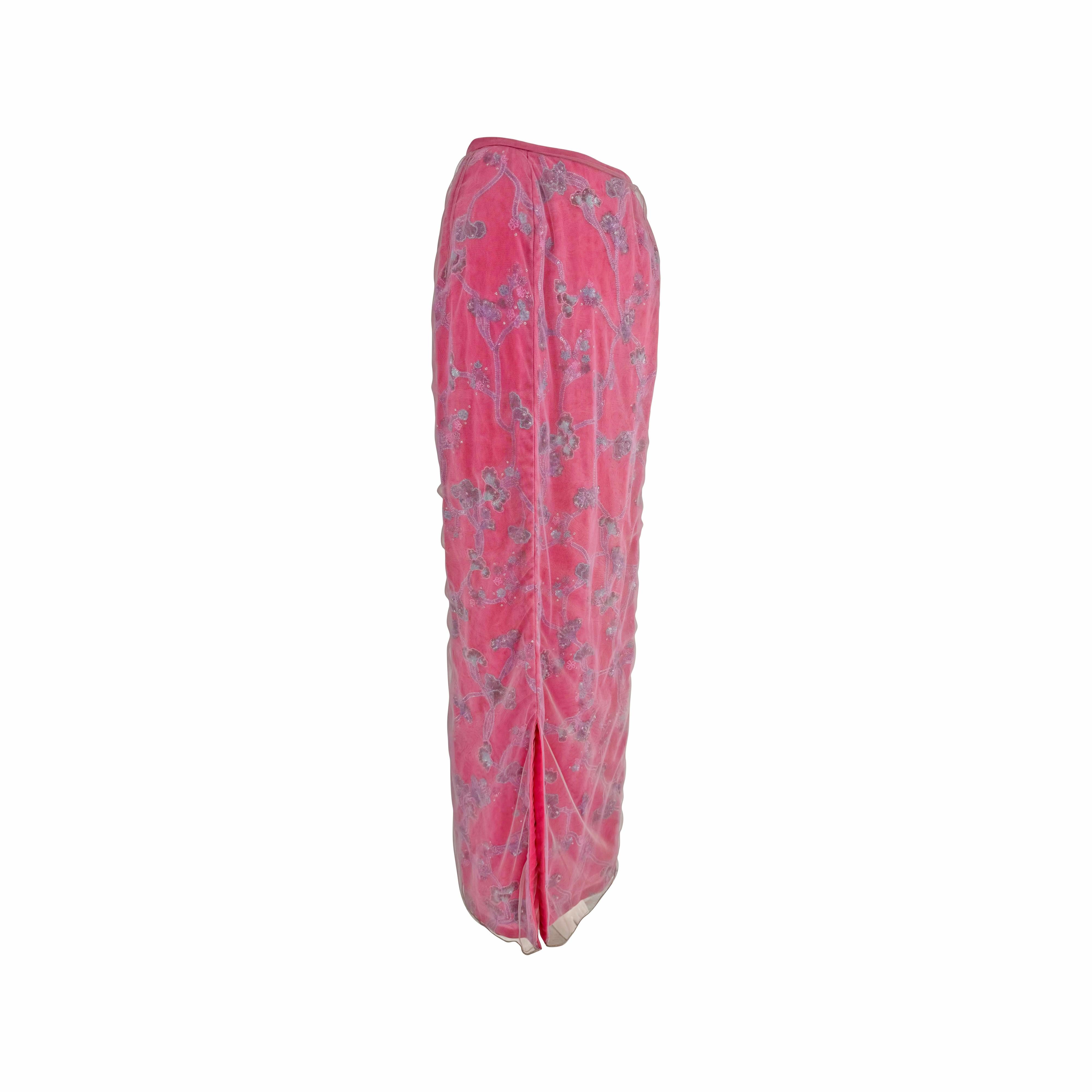 S/S 1999 Giorgio Armani Runway Rose Floral Beaded Tulle Overlay Maxi Skirt Excellent état - En vente à West Hollywood, CA