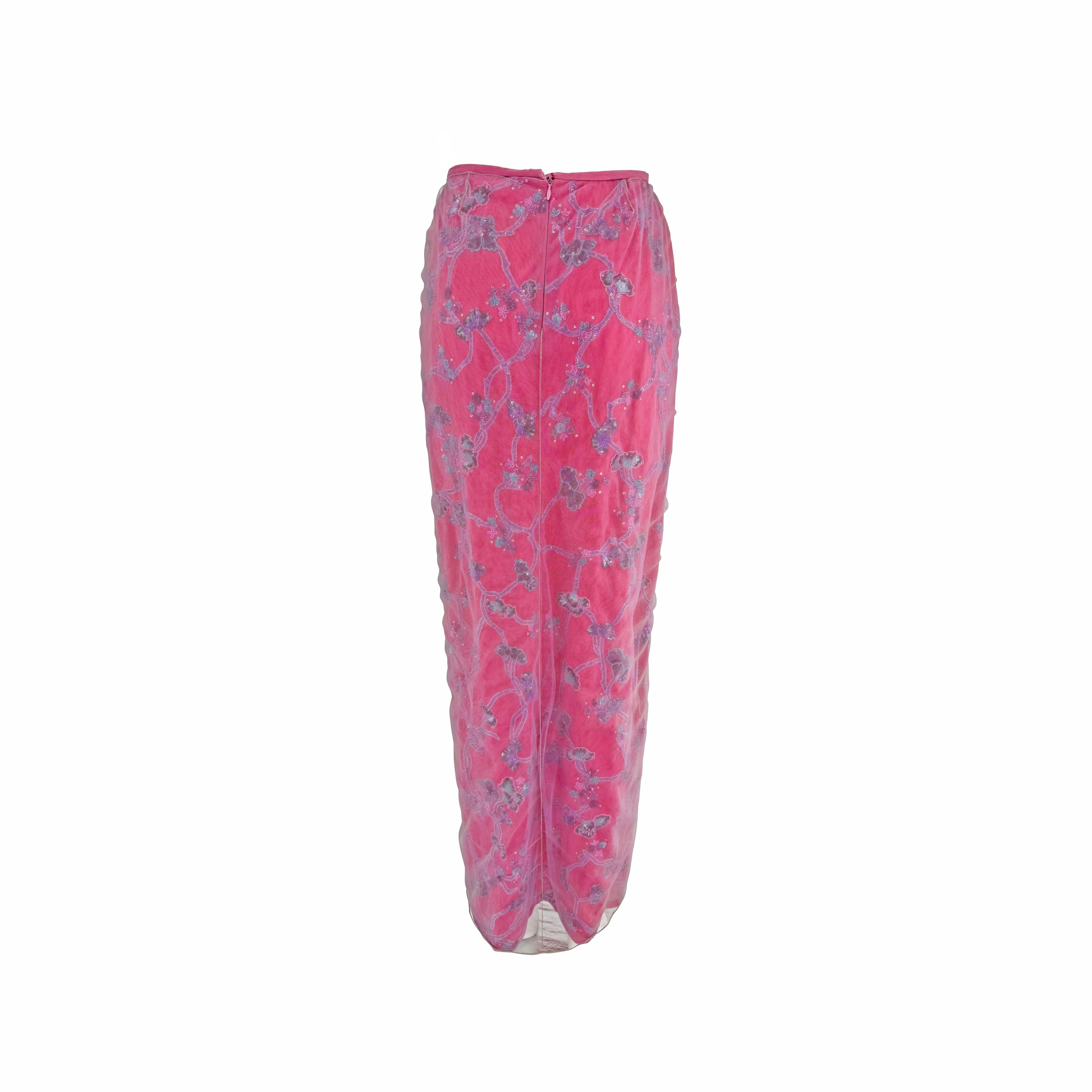 S/S 1999 Giorgio Armani Runway Rose Floral Beaded Tulle Overlay Maxi Skirt en vente 1