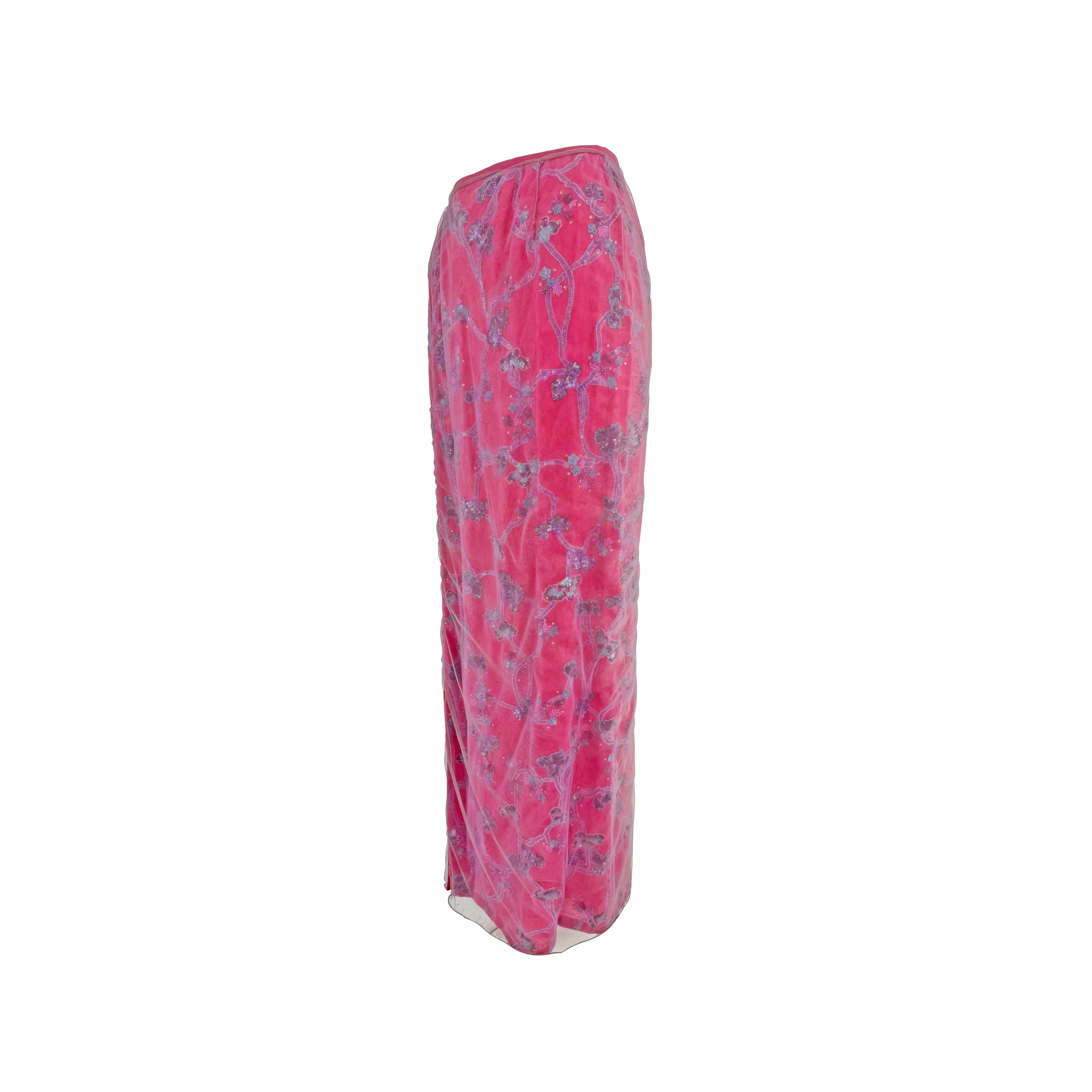 S/S 1999 Giorgio Armani Runway Rose Floral Beaded Tulle Overlay Maxi Skirt en vente 3