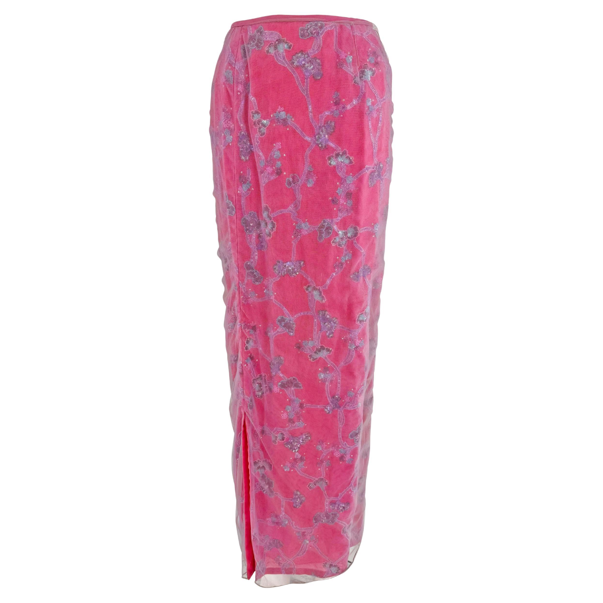 S/S 1999 Giorgio Armani Runway Rose Floral Beaded Tulle Overlay Maxi Skirt