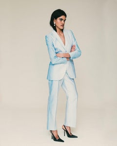 S/S 1999 Givenchy by Alexander McQueen Blue and White Houndstooth Pantsuit