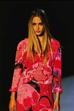 S/S 1999 Gucci by Tom Ford Acid Flower Pink Silk Logo Square Scarf