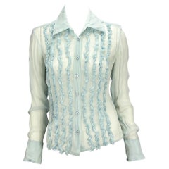 S/S 1999 Gucci by Tom Ford Baby Blue Ruffle Sheer Silk Button Up Top