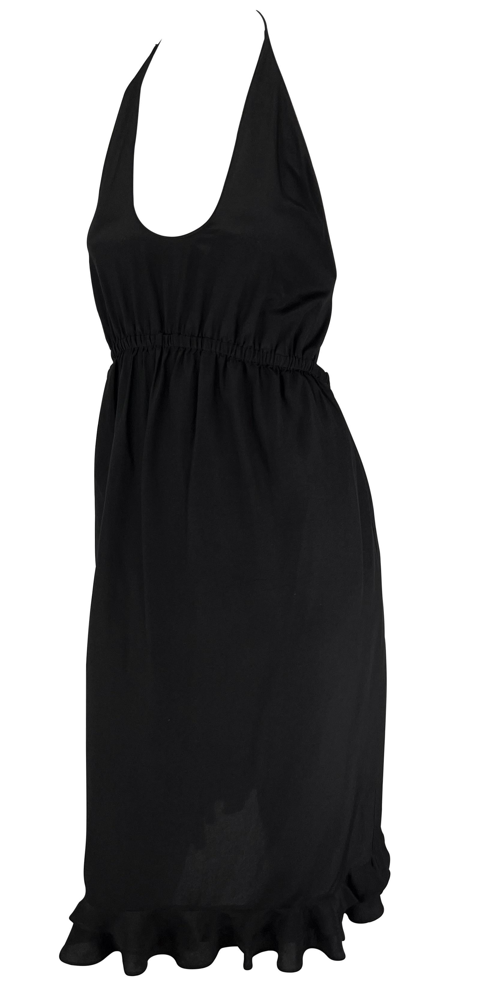 Women's S/S 1999 Gucci by Tom Ford Backless Black Silk Plunging Tie Ruffle Cocktail Dres For Sale