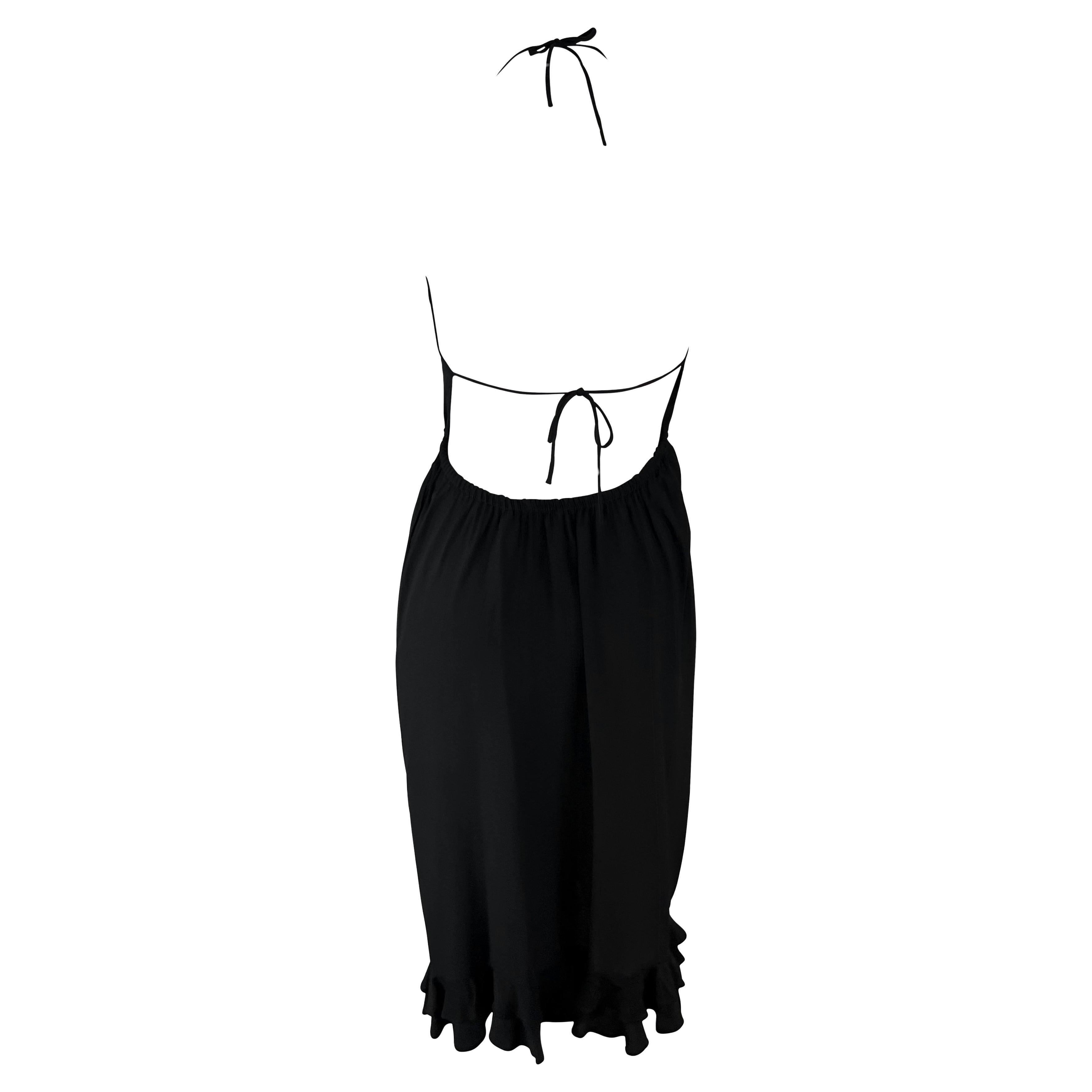 S/S 1999 Gucci by Tom Ford Backless Black Silk Plunging Tie Ruffle Cocktail Dres For Sale