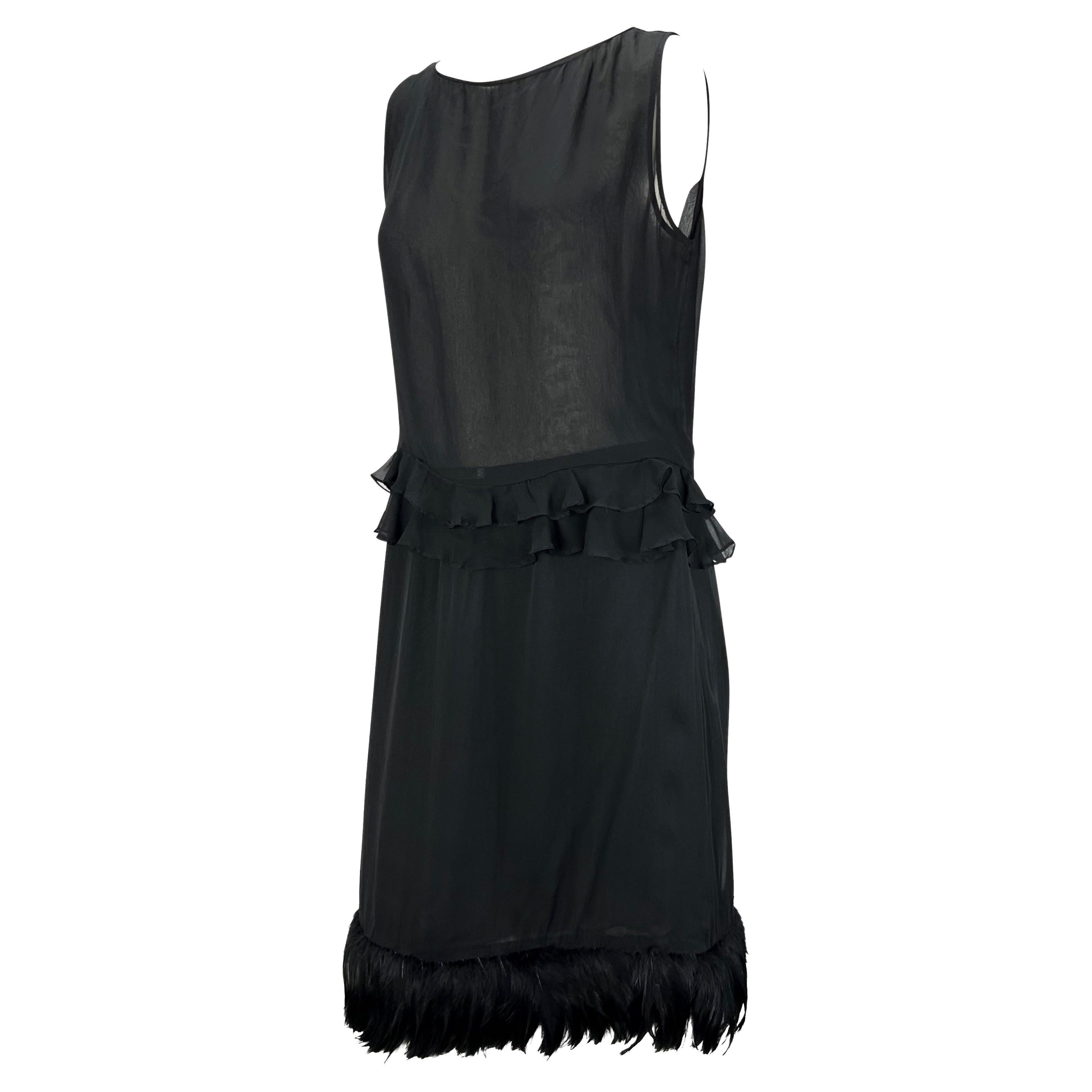 S/S 1999 Gucci by Tom Ford Black Feather Trim Sheer Silk Chiffon Skirt Set In Excellent Condition In West Hollywood, CA