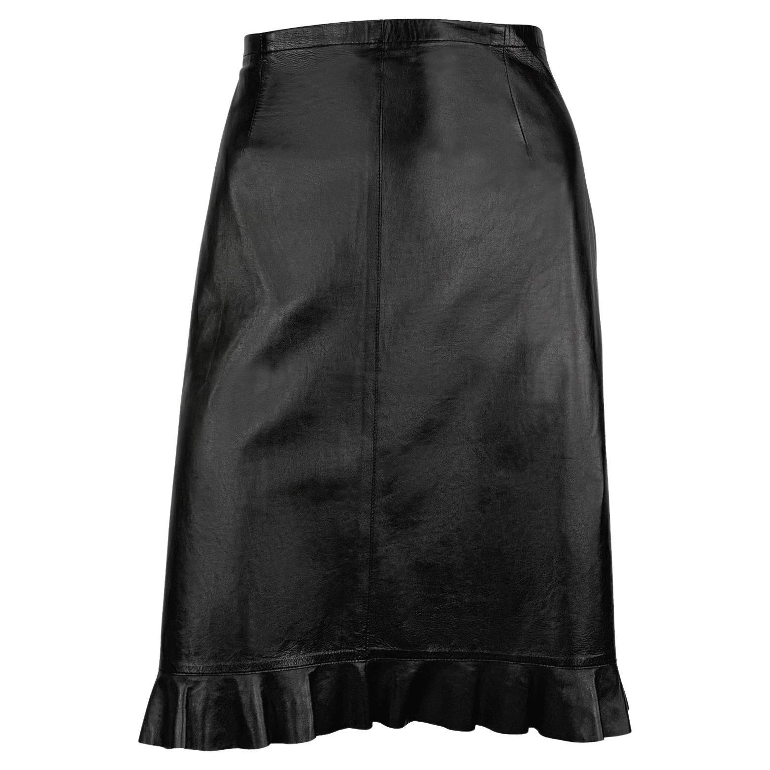 S/S 1999 Gucci by Tom Ford Black Leather Ruffle Trim Pencil Skirt For Sale