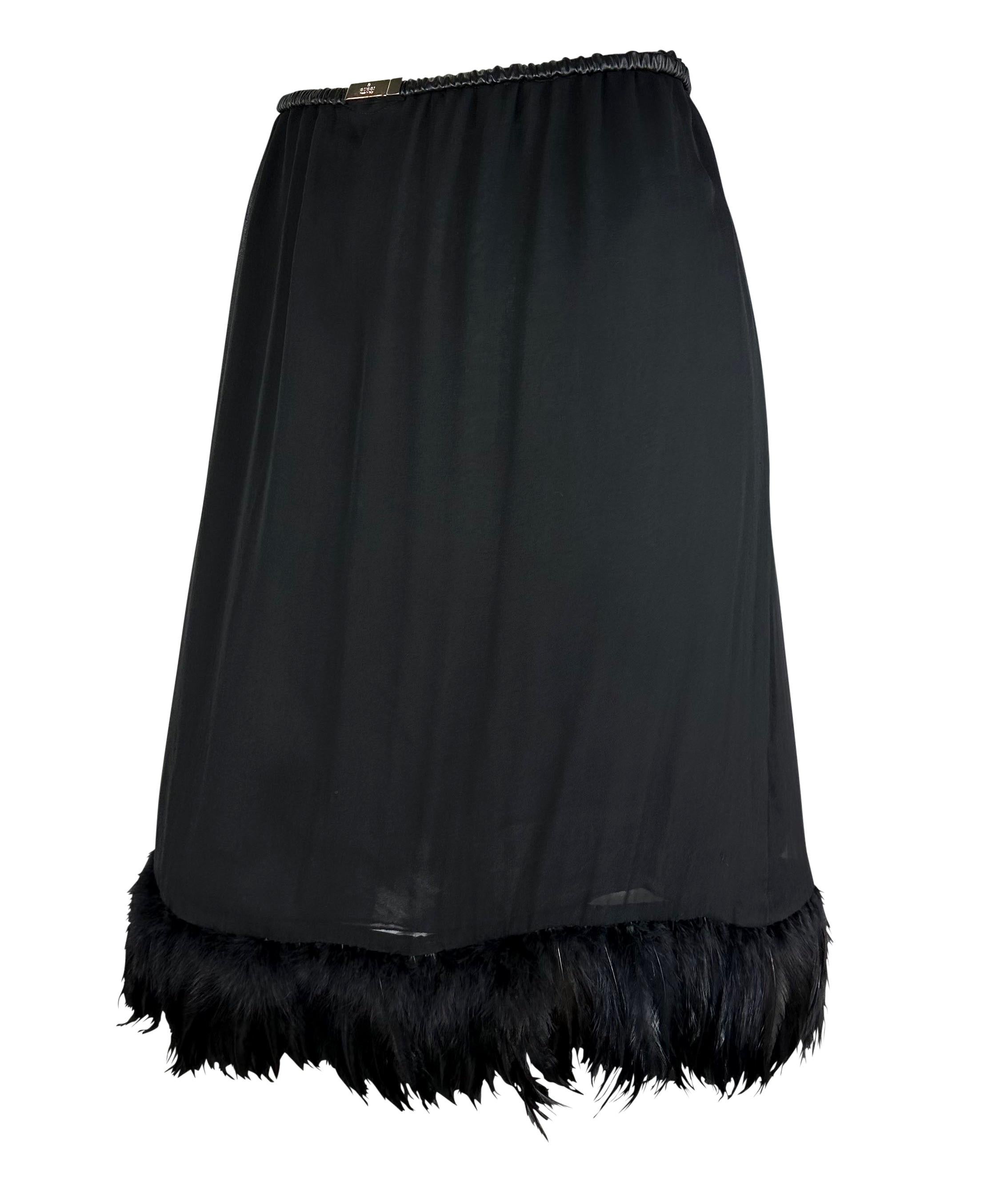 S/S 1999 Gucci by Tom Ford Black Silk Chiffon Feather Trim Logo Buckle Skirt  In Good Condition For Sale In West Hollywood, CA