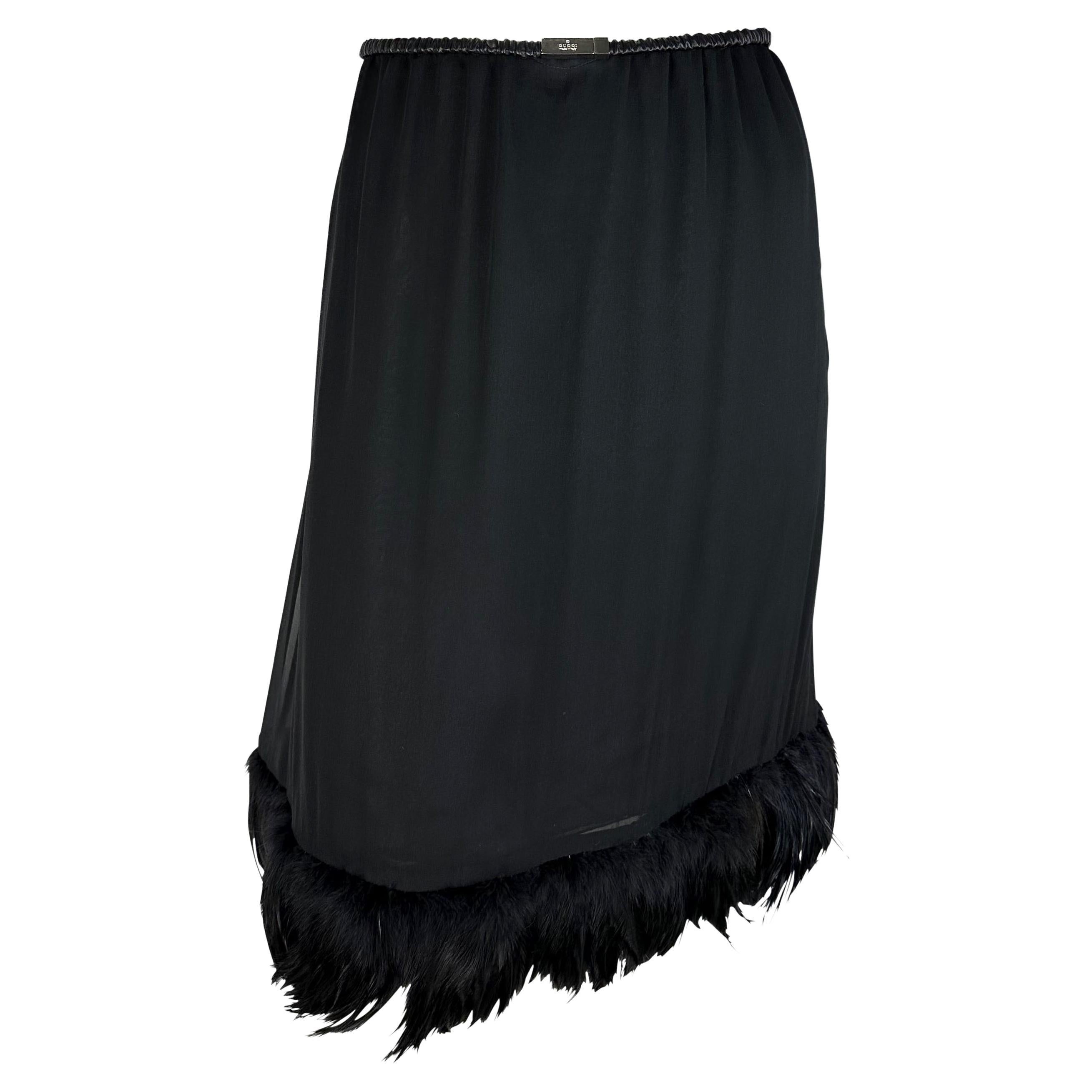 S/S 1999 Gucci by Tom Ford Black Silk Chiffon Feather Trim Logo Buckle Skirt  For Sale