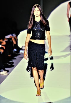 S/S 1999 Gucci by Tom Ford Black Silk Ostrich Feather Leather Band Skirt
