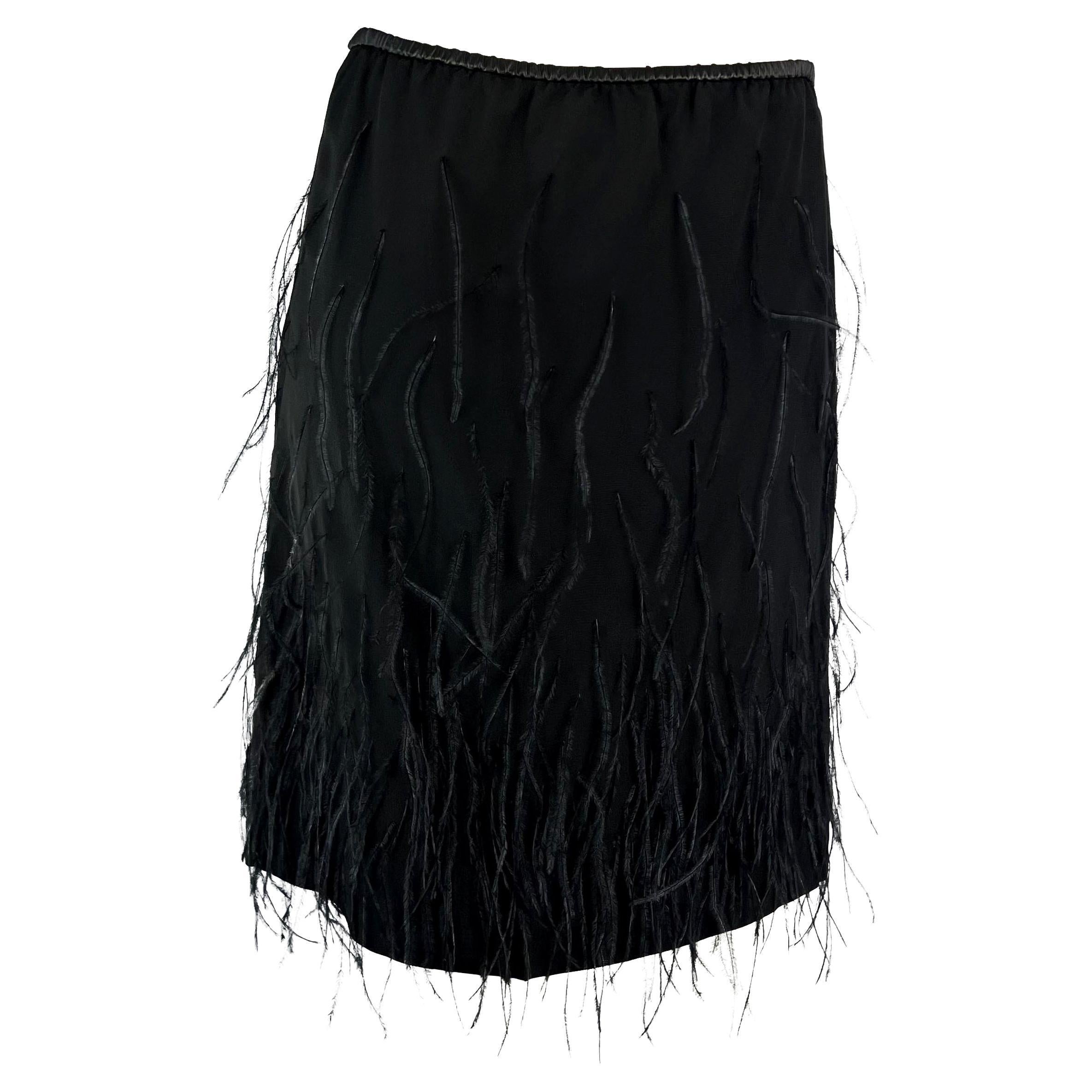 Women's S/S 1999 Gucci by Tom Ford Black Silk Ostrich Feather Leather Band Skirt For Sale