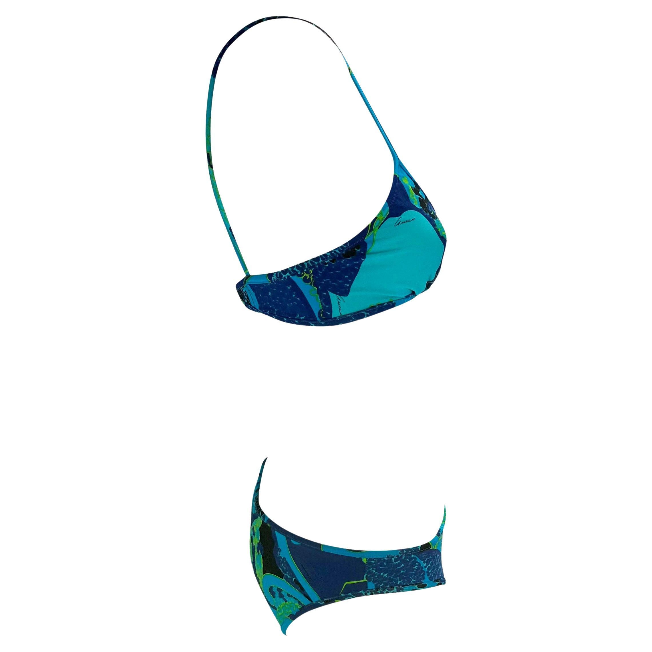 F/S 1999 Gucci by Tom Ford Blaues Bikini-Badeanzug-Set mit „Acid Flower“-Druck  im Angebot 1