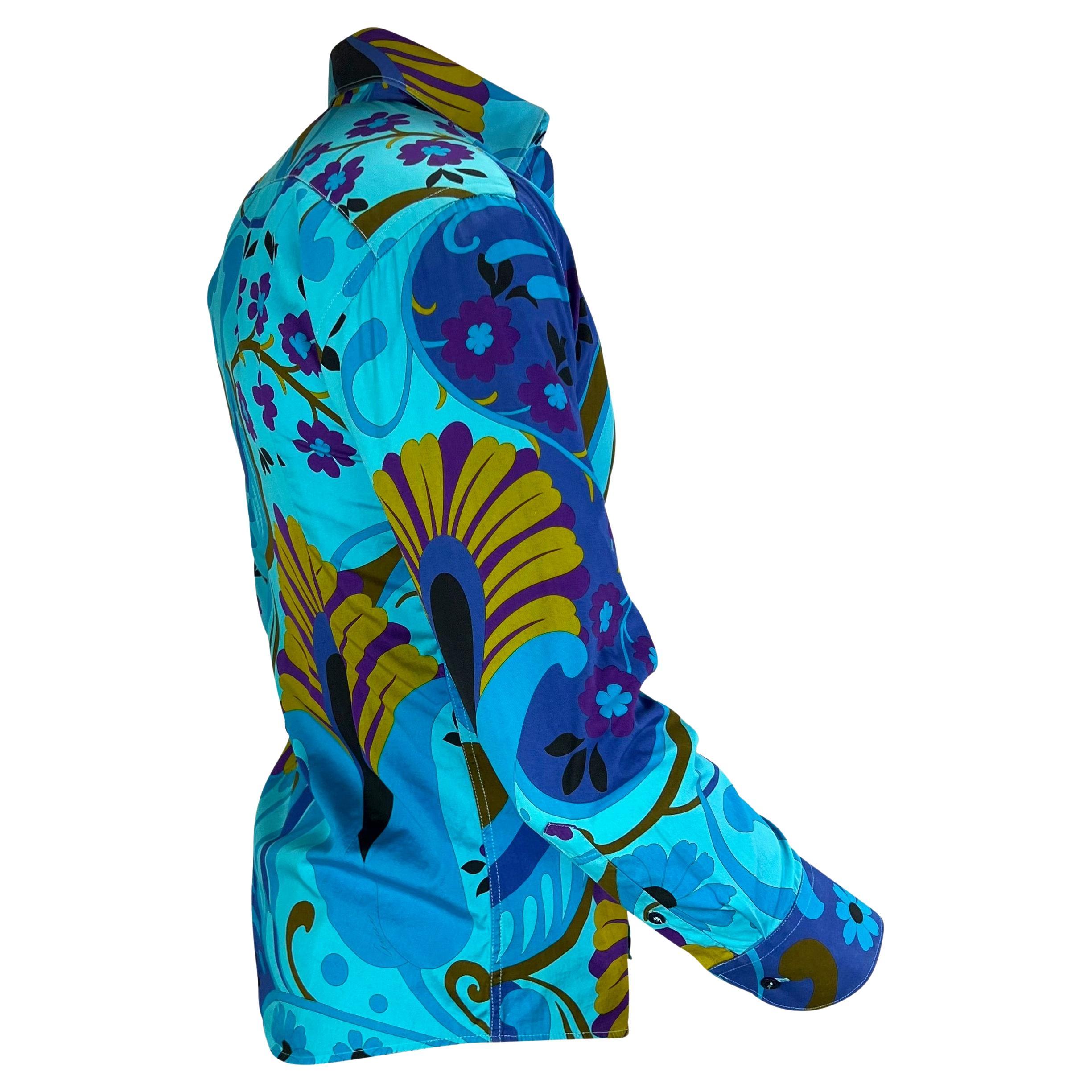 F/S 1999 Gucci by Tom Ford Blaues psychedelisches, geblümtes Herrenhemd mit Knopfleiste im Angebot 3