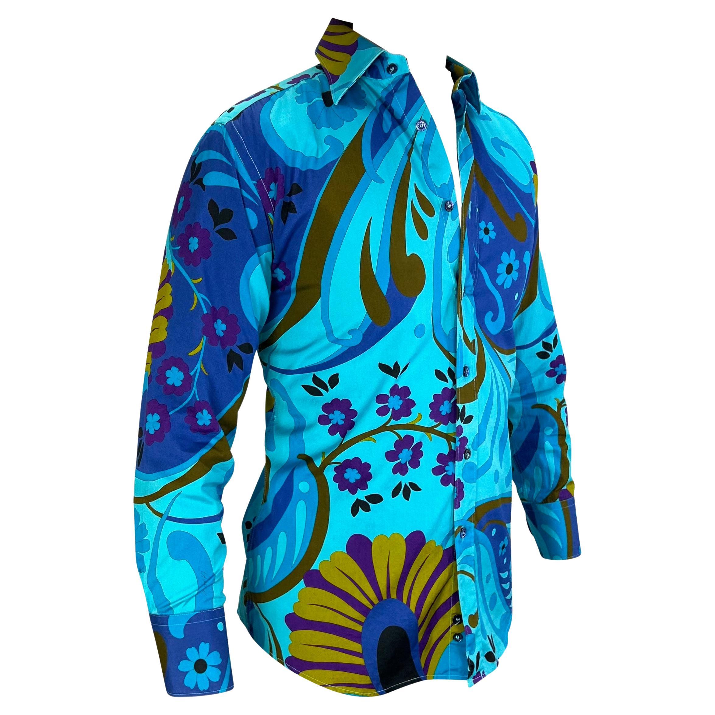 F/S 1999 Gucci by Tom Ford Blaues psychedelisches, geblümtes Herrenhemd mit Knopfleiste im Angebot 4