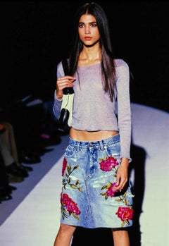 S/S 1999 Gucci by Tom Ford Distressed Denim Beaded Midi Skirt