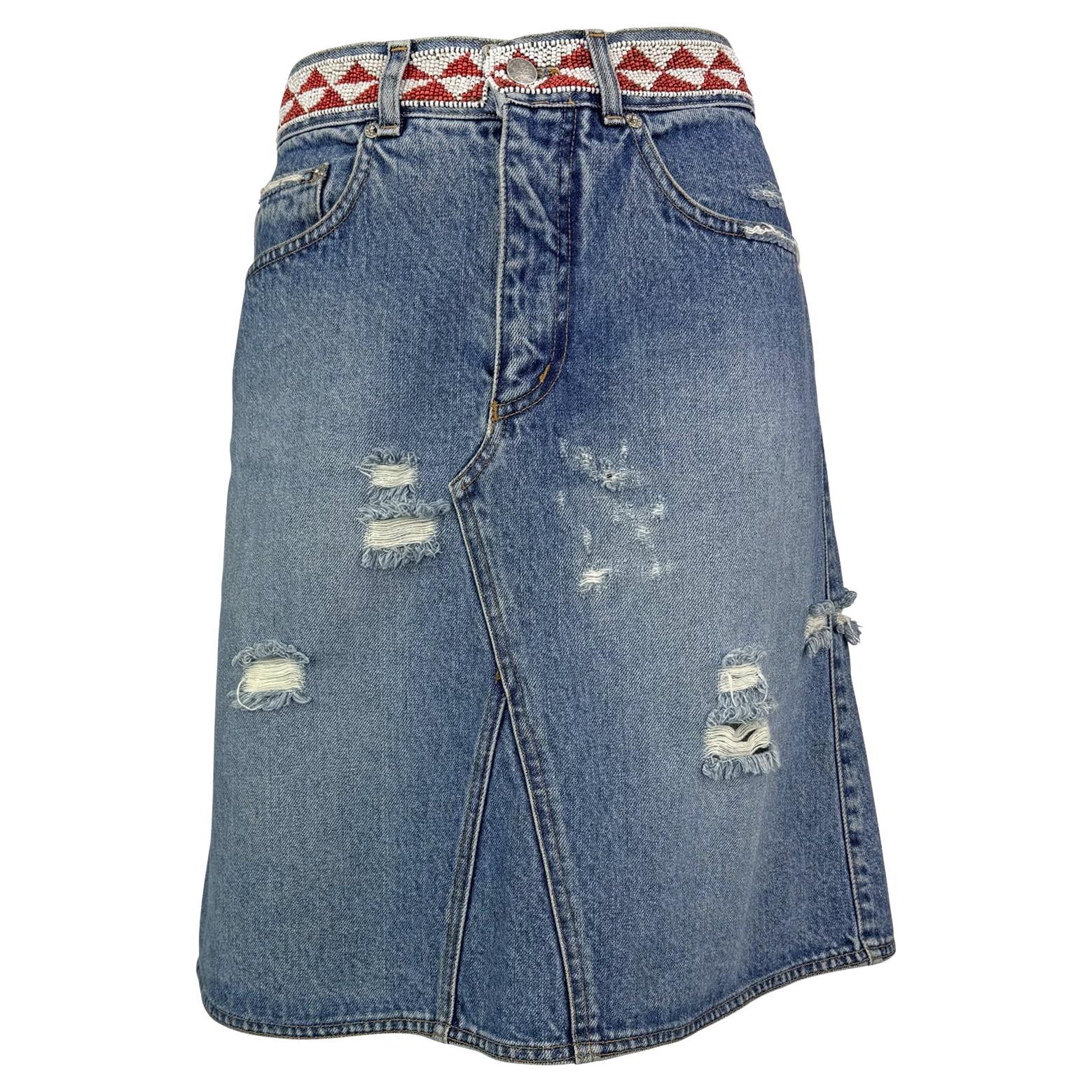 S/S 1999 Gucci by Tom Ford Distressed Denim Beaded Midi Skirt