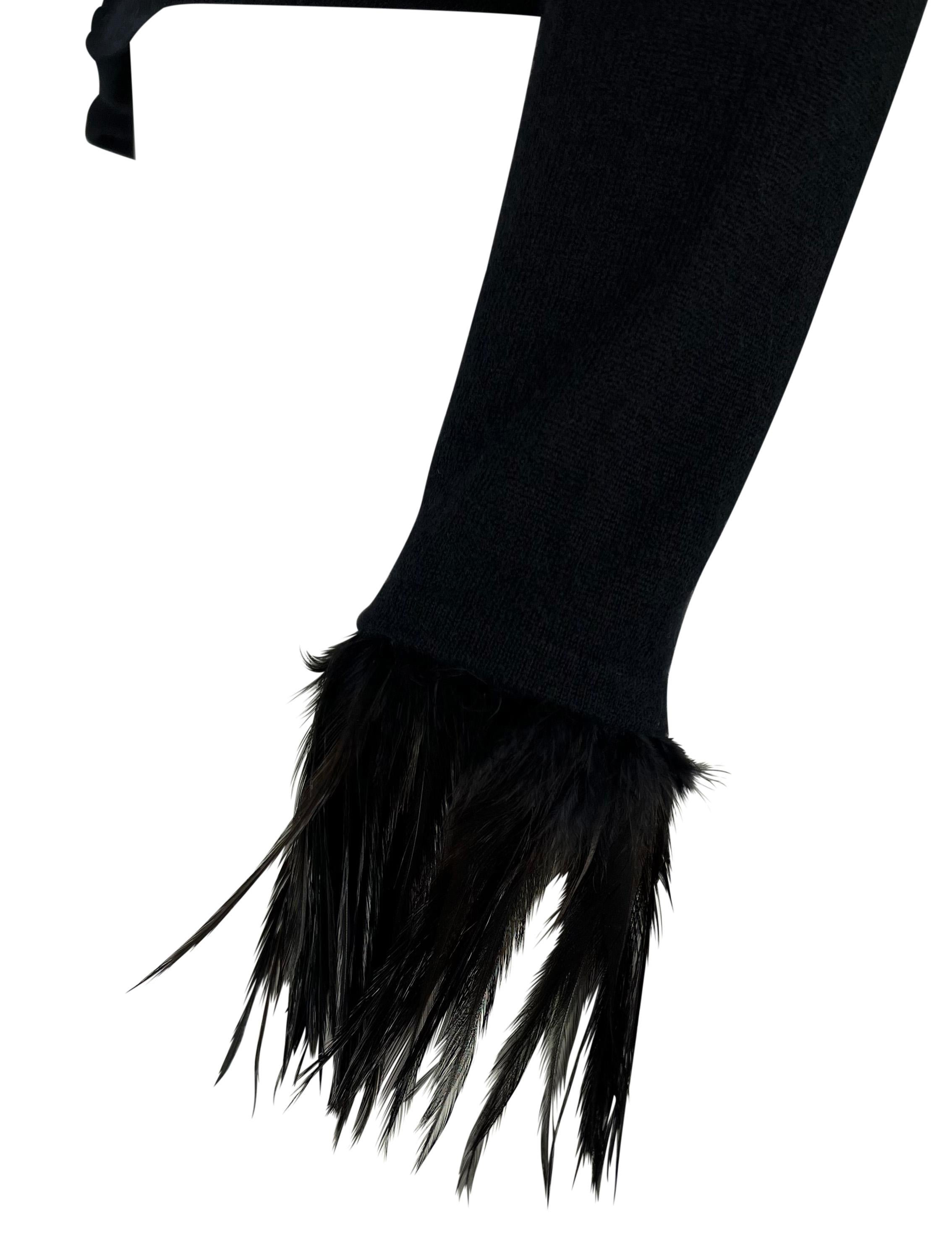 S/S 1999 Gucci by Tom Ford Feather Trim Cuff Black Stretch Knit Long Sleeve Top In Good Condition For Sale In West Hollywood, CA