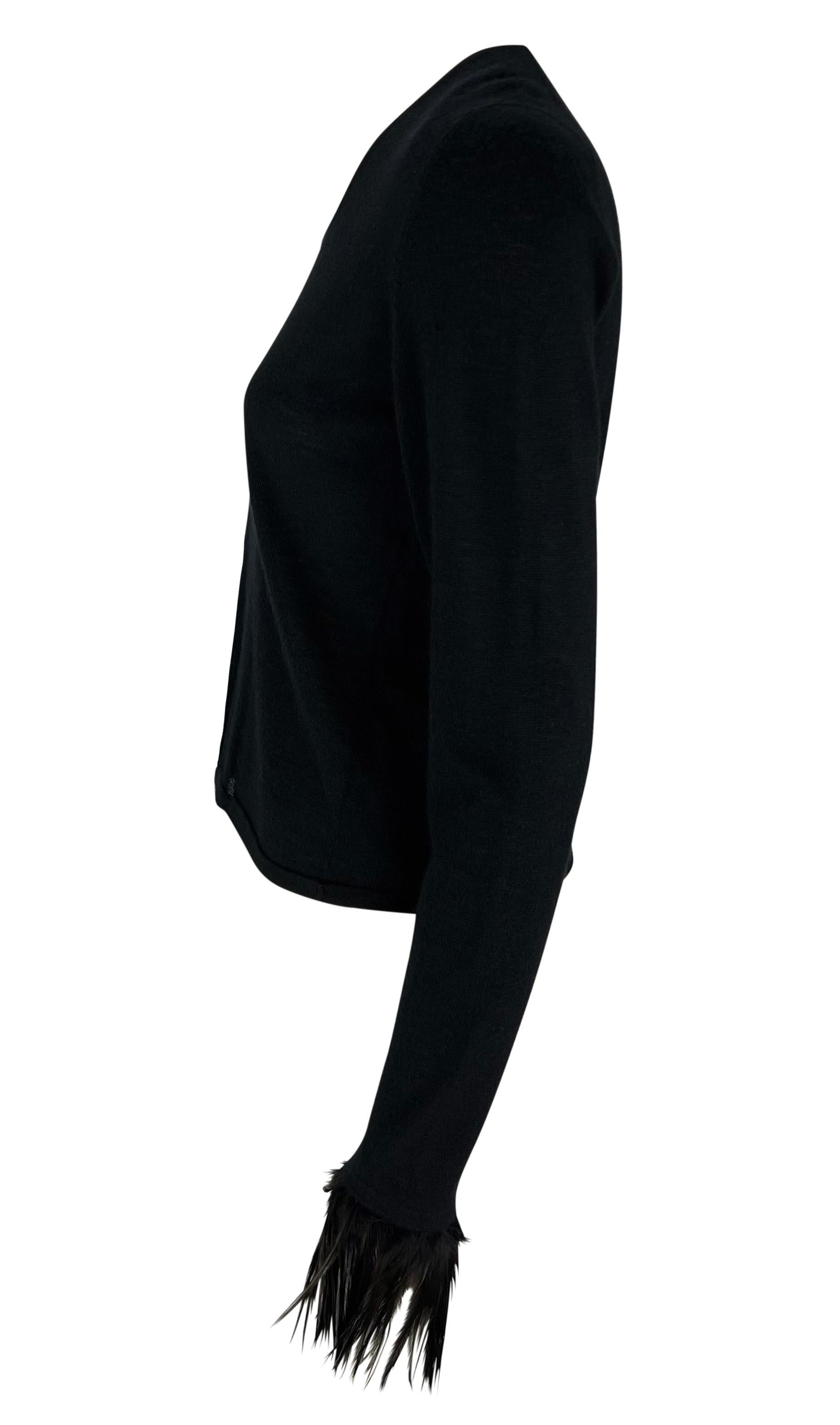 Women's or Men's S/S 1999 Gucci by Tom Ford Feather Trim Cuff Black Stretch Knit Long Sleeve Top For Sale
