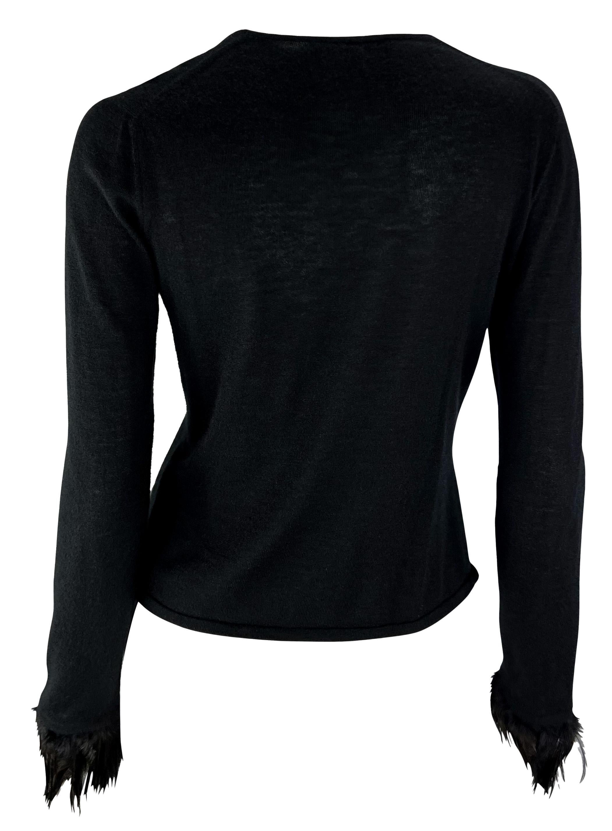 S/S 1999 Gucci by Tom Ford Feather Trim Cuff Black Stretch Knit Long Sleeve Top For Sale 1