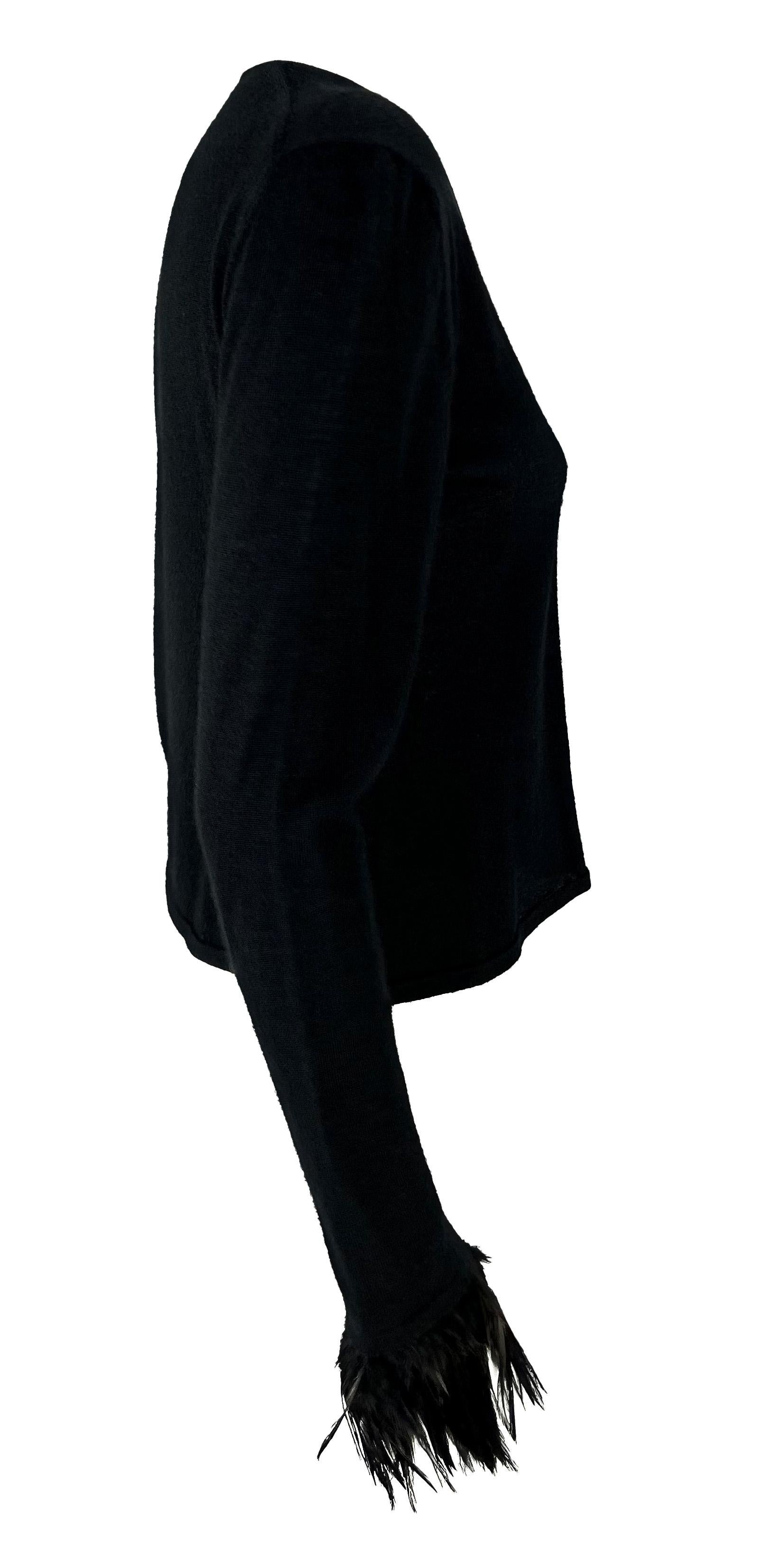 S/S 1999 Gucci by Tom Ford Feather Trim Cuff Black Stretch Knit Long Sleeve Top For Sale 2