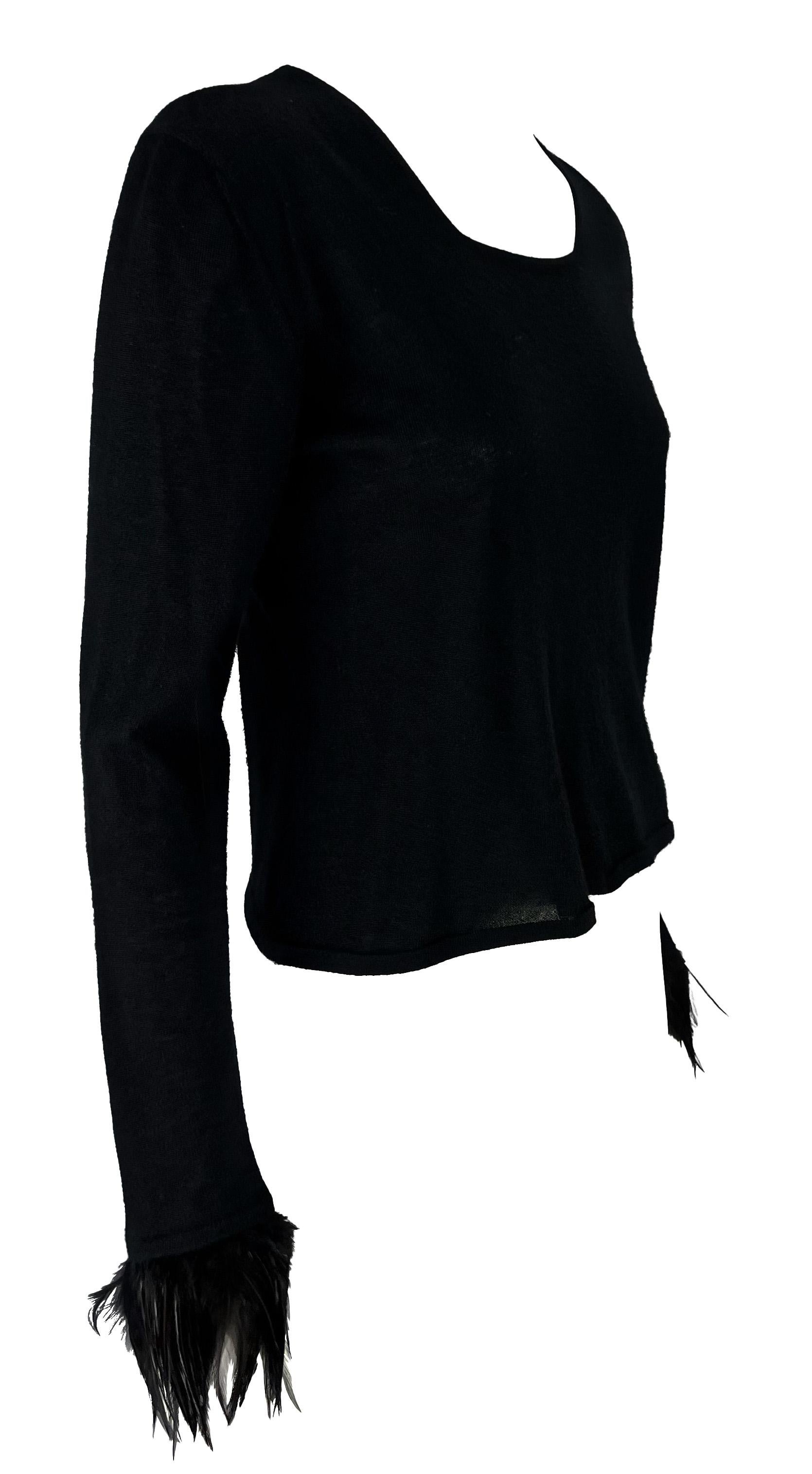 S/S 1999 Gucci by Tom Ford Feather Trim Cuff Black Stretch Knit Long Sleeve Top For Sale 3