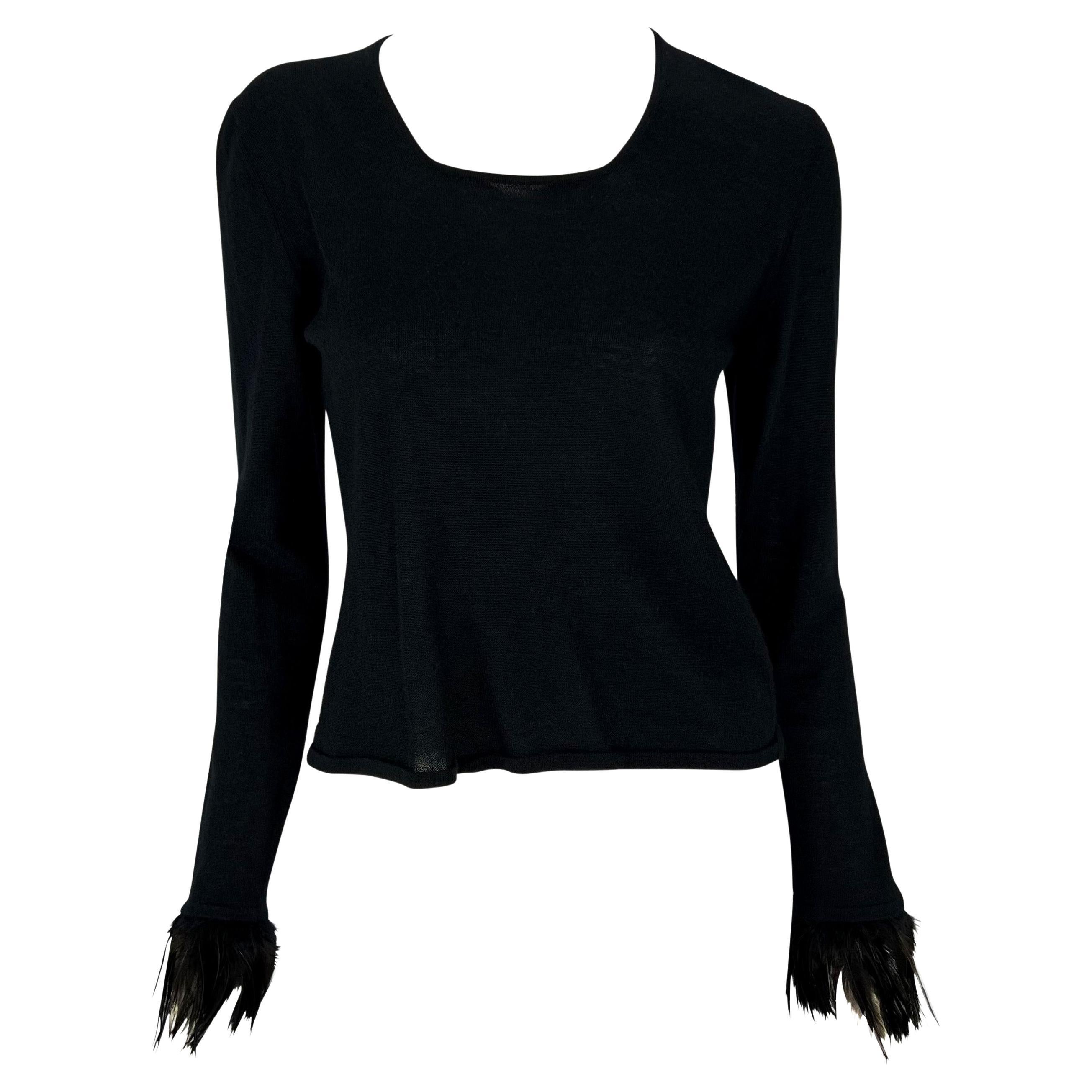 S/S 1999 Gucci by Tom Ford Feather Trim Cuff Black Stretch Knit Long Sleeve Top For Sale