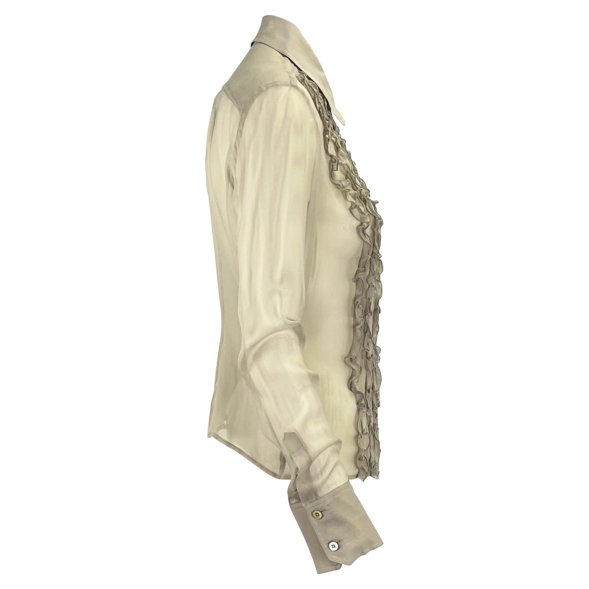 Brown S/S 1999 Gucci by Tom Ford Grey Ruffle Sheer Silk Button Up Top