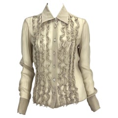 S/S 1999 Gucci by Tom Ford Grey Ruffle Sheer Silk Button Up Top