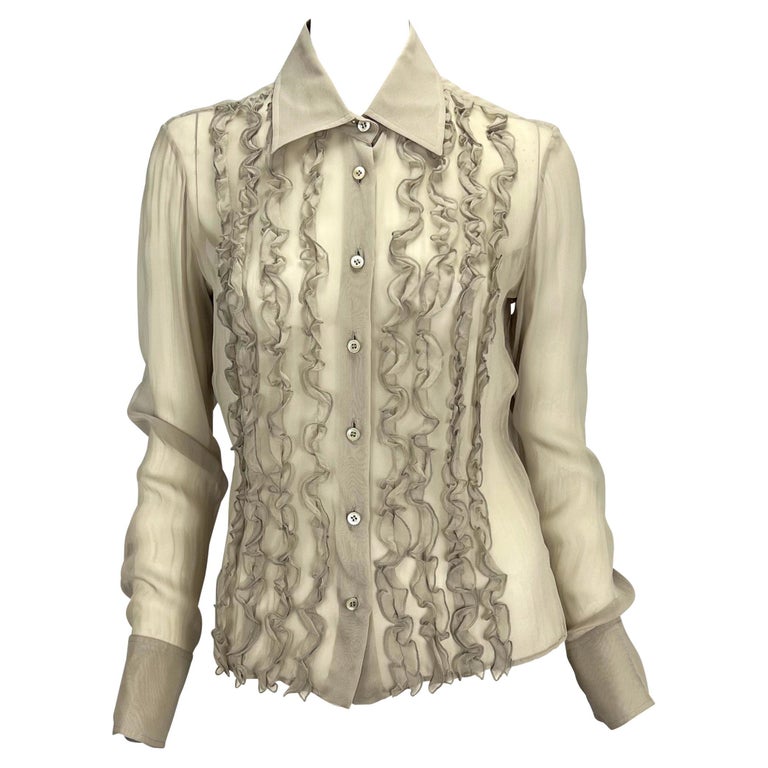 2000s Gucci by Tom Ford Tan Semi-Sheer Ribbed Cotton Ruffle Trim Baby T-Shirt main image 0