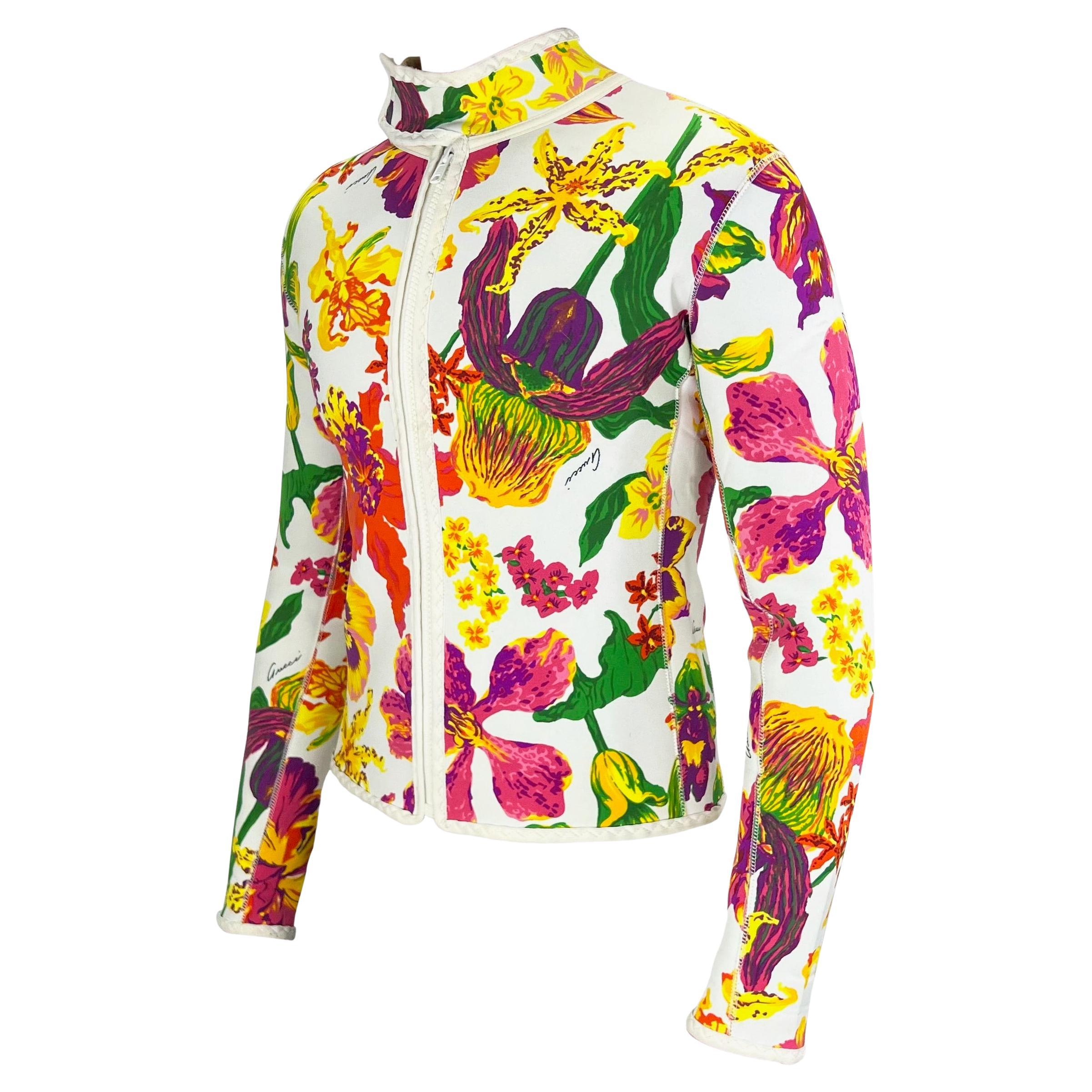 S/S 1999 Gucci by Tom Ford Men's Runway Ad White Floral Neoprene Scuba Jacket In Good Condition For Sale In West Hollywood, CA
