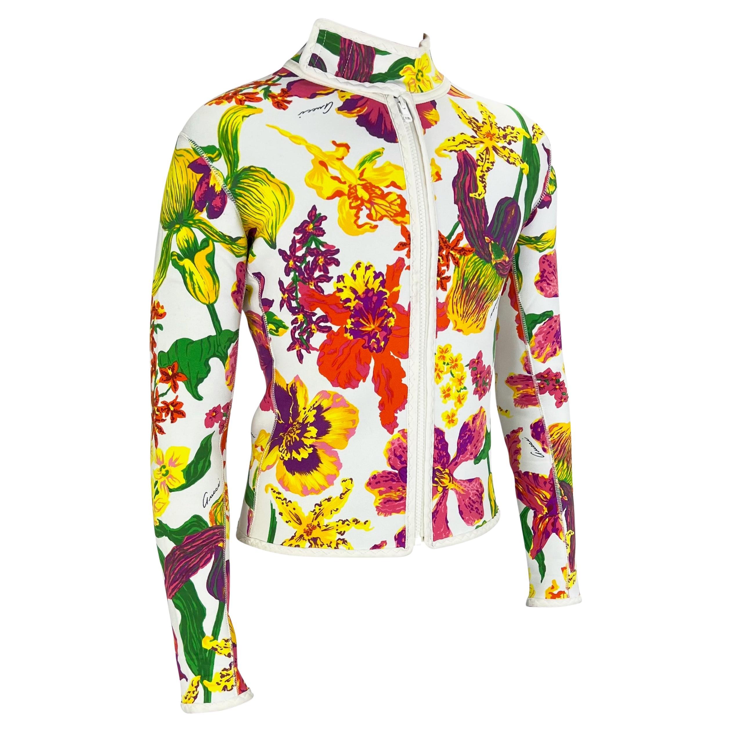 S/S 1999 Gucci by Tom Ford Men's Runway Ad White Floral Neoprene Scuba Jacket For Sale 5