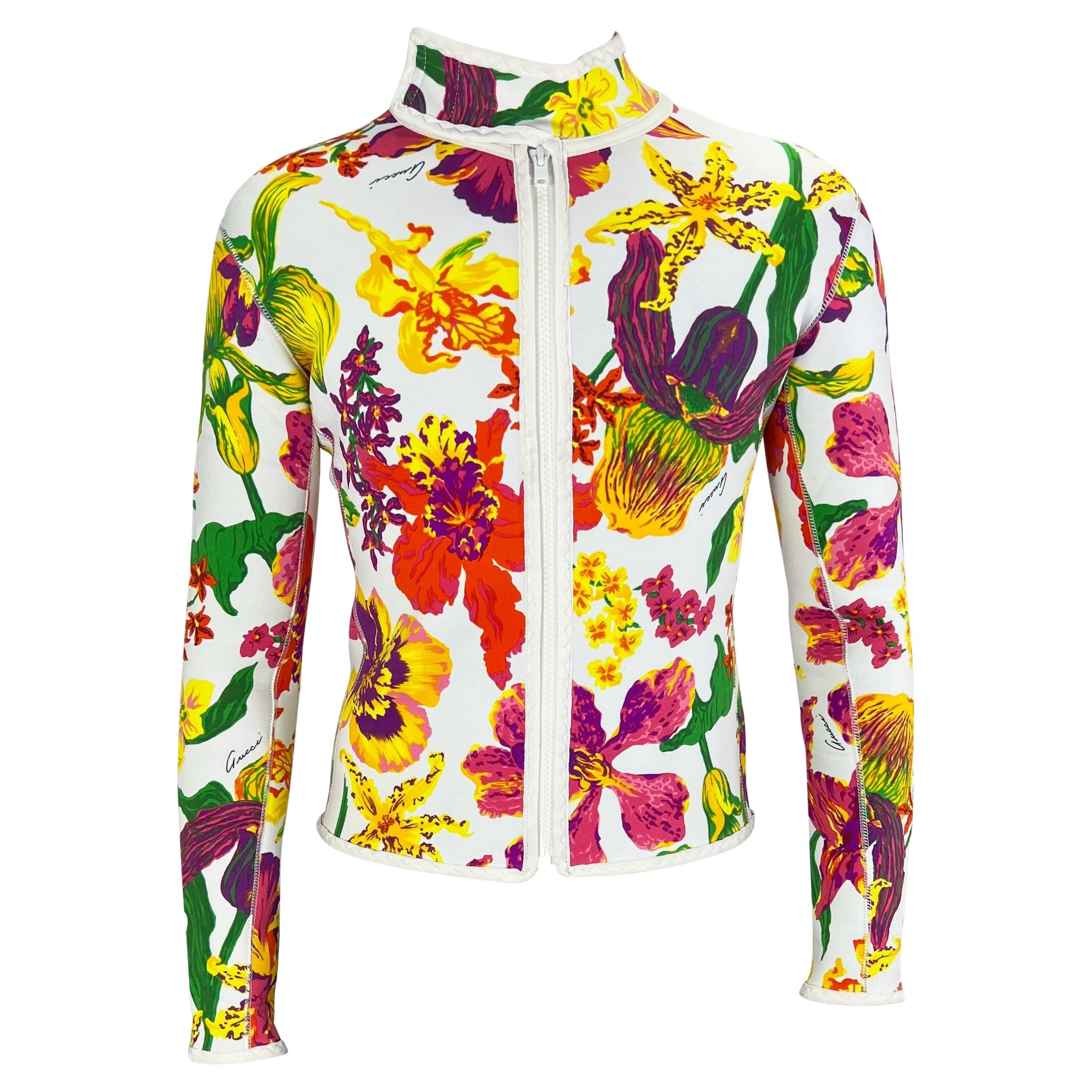 S/S 1999 Gucci by Tom Ford Men's Runway Ad White Floral Neoprene Scuba Jacket For Sale