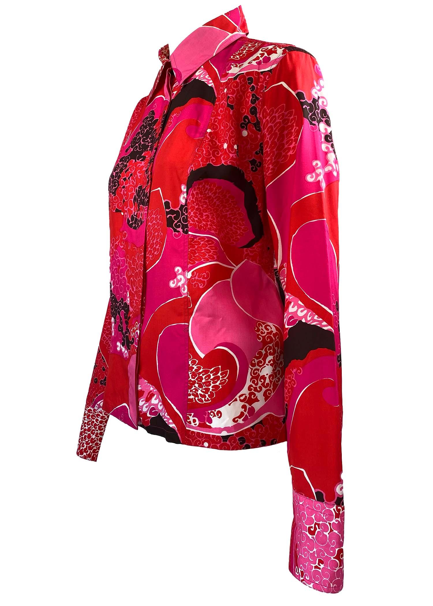 F/S 1999 Gucci by Tom Ford Rosa Seidenbluse mit „Acid Flower“-Druck und Knopfleiste  (Pink) im Angebot