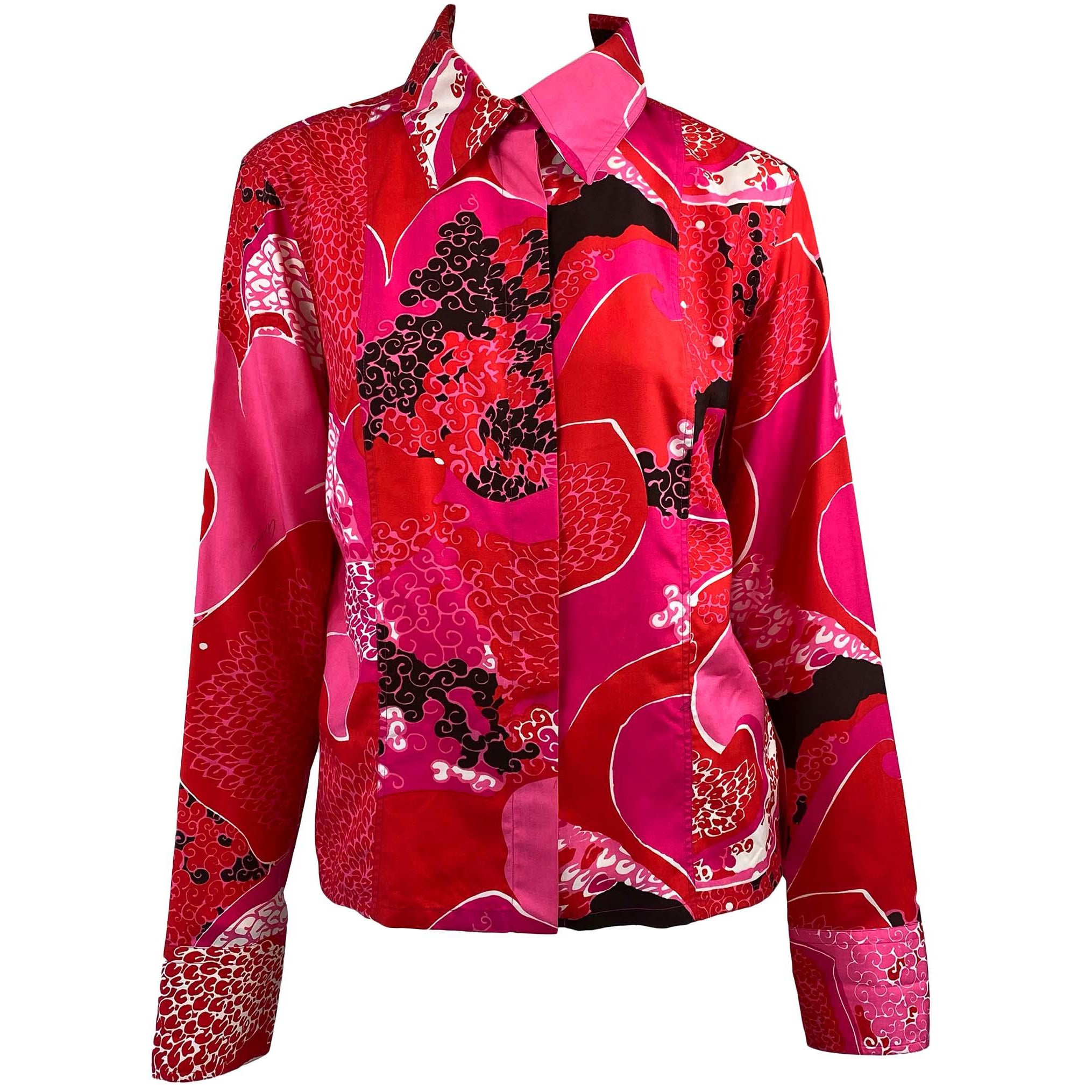 S/S 1999 Gucci by Tom Ford Blusa abotonada de seda rosa con estampado "Flor ácida