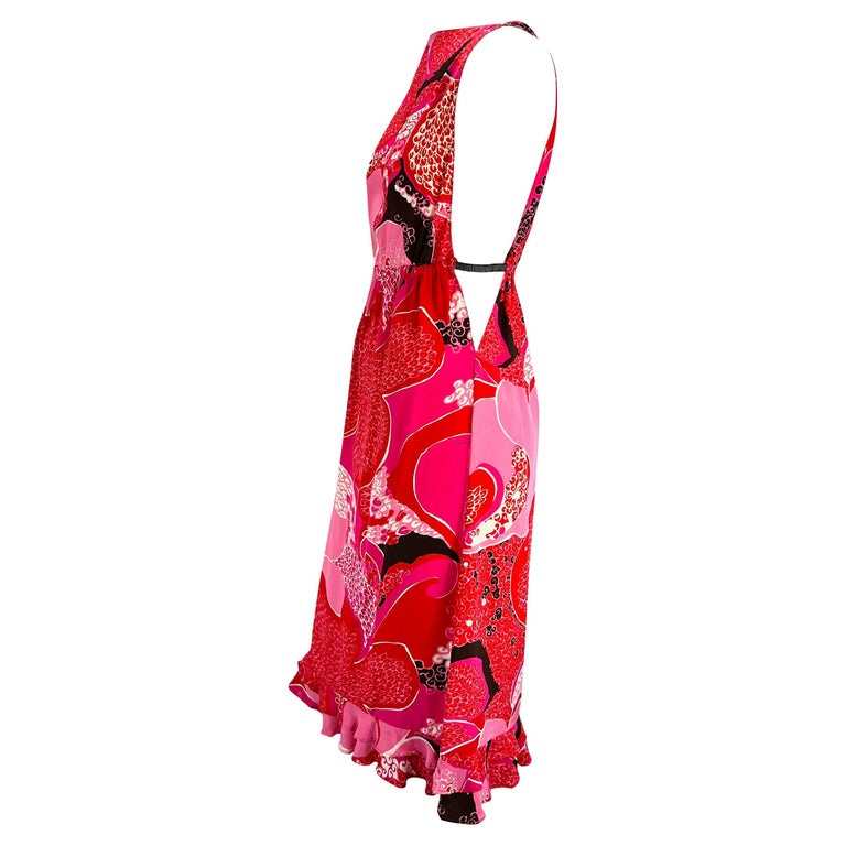 Women's S/S 1999 Gucci by Tom Ford Pink 'Acid Flower' Silk Leather Strap Dress Runway For Sale