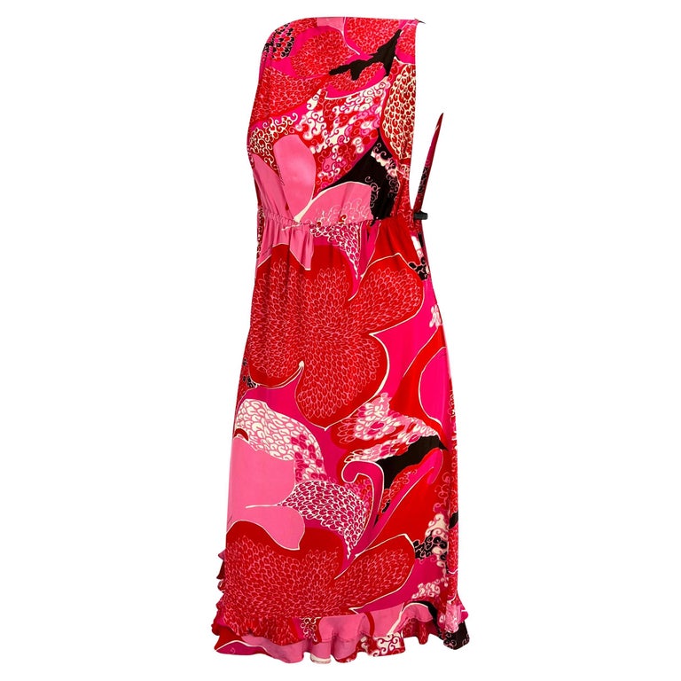 S/S 1999 Gucci by Tom Ford Pink 'Acid Flower' Silk Leather Strap Dress Runway For Sale