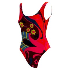S/S 1999 Gucci by Tom Ford Pink Orange Psychedelic Floral One Piece Swimsuit