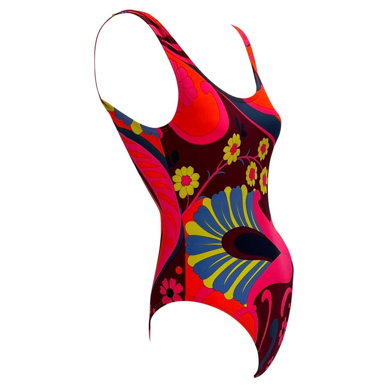 Black S/S 1999 Gucci by Tom Ford Pink Orange Psychedelic Floral One Piece Swimsuit For Sale