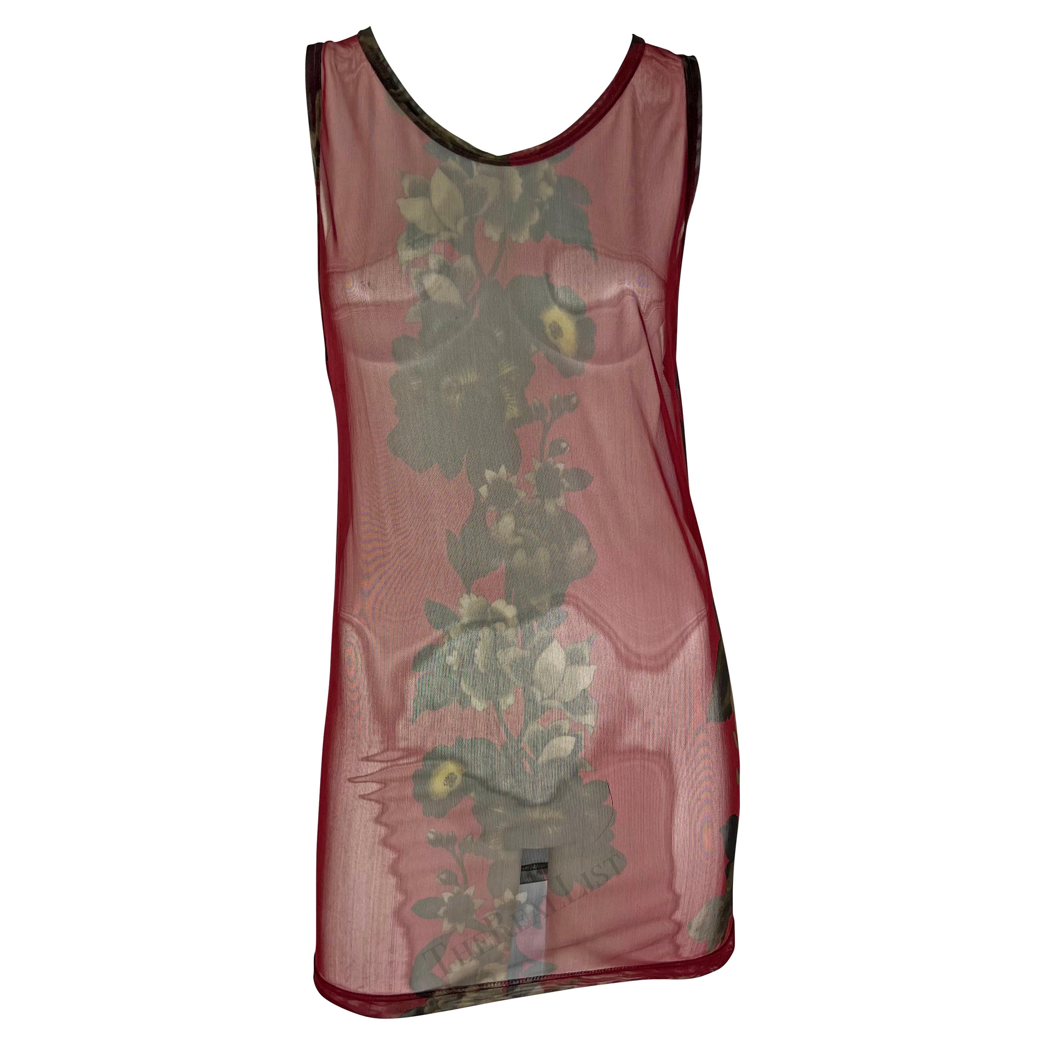 S/S 1999 Gucci by Tom Ford Red Floral Sheer Men's Burgundy Tank Top Mini Dress For Sale