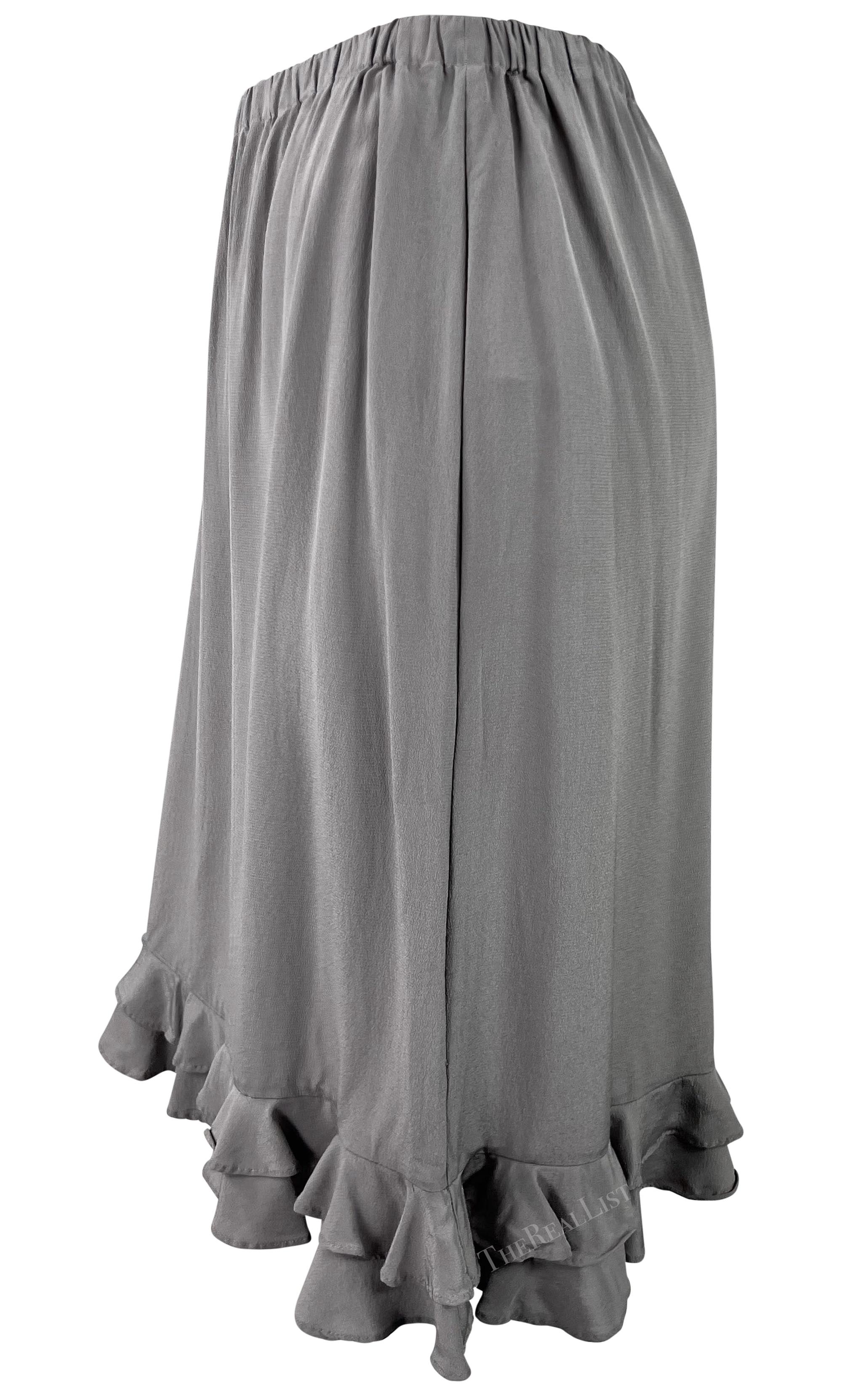 S/S 1999 Gucci by Tom Ford Ruffled Grey Silk Long Sleeve Top Skirt Set For Sale 6